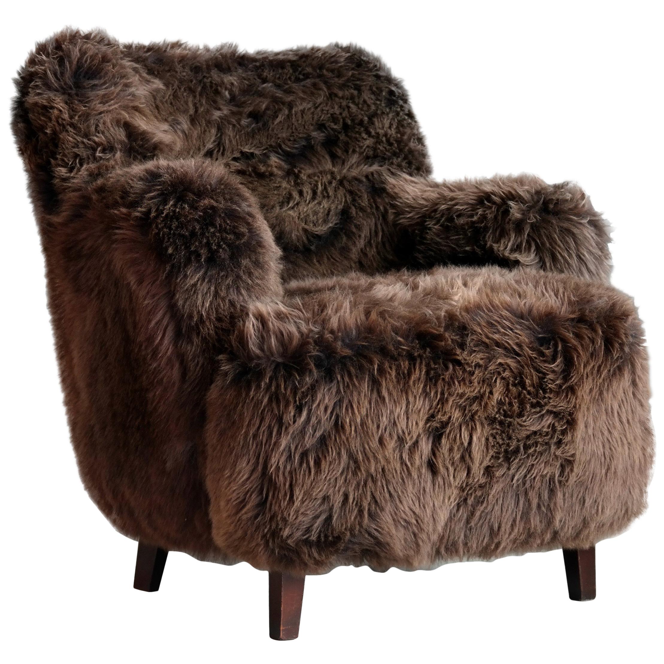 Fritz Hansen Style Danish 1950s Lounge Chair Covered in Icelandic Sheepskin