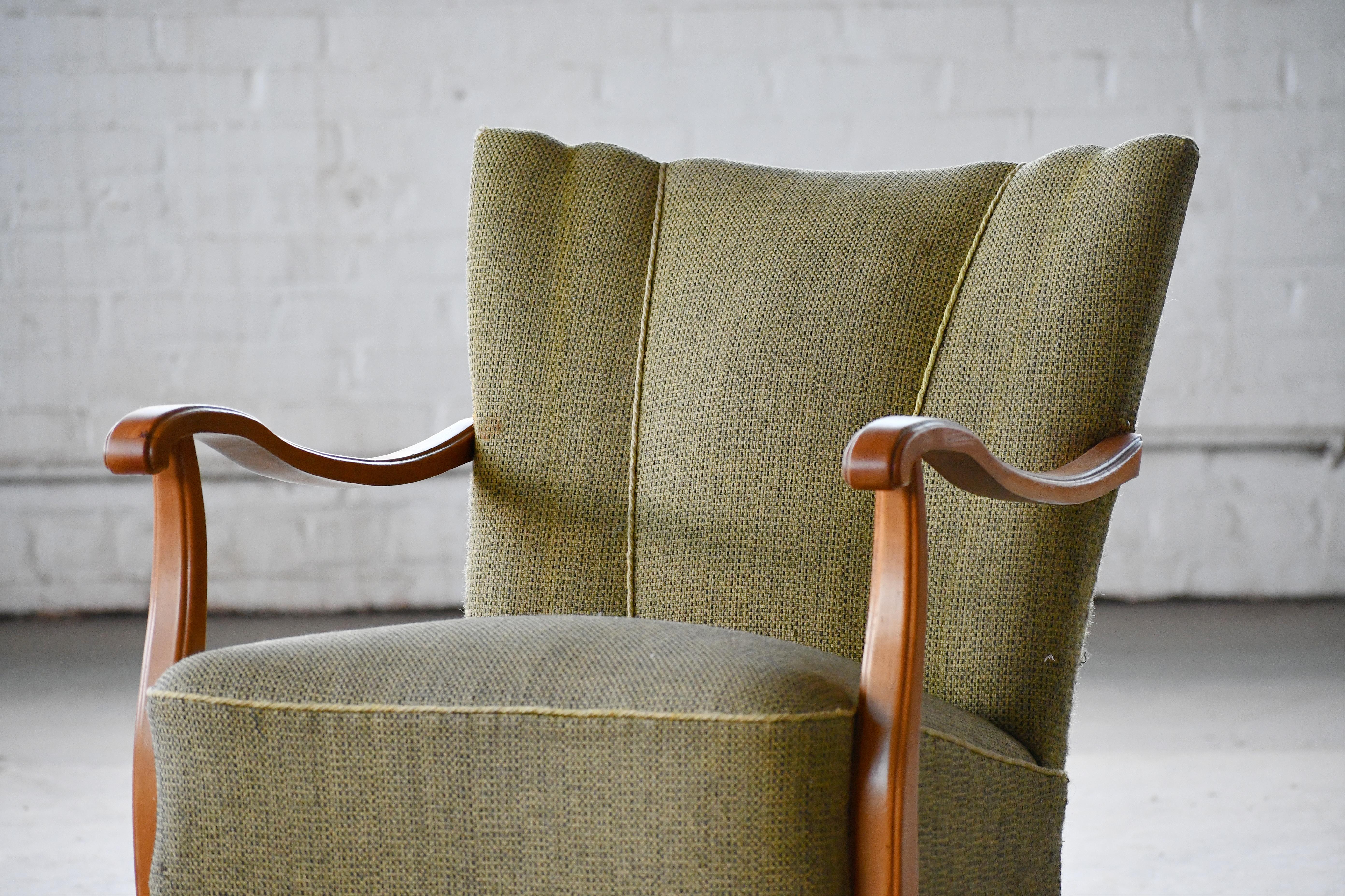 Mid-20th Century Fritz Hansen Style Danish Easy Easy Chair with Open Armrest, 1940s For Sale