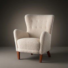Fritz Hansen Style Danish Lounge Wing Chair in Faux Shearling Bouclé