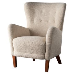 Fritz Hansen Style Danish Lounge Wing Chair in Faux Shearling Bouclé