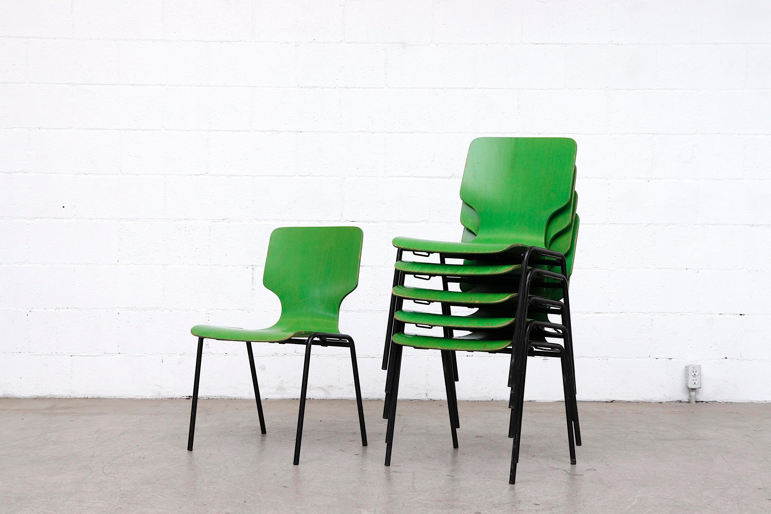 Mid-Century Modern Fritz Hansen Style Green Stained Wingback Stacking Dining Chairs