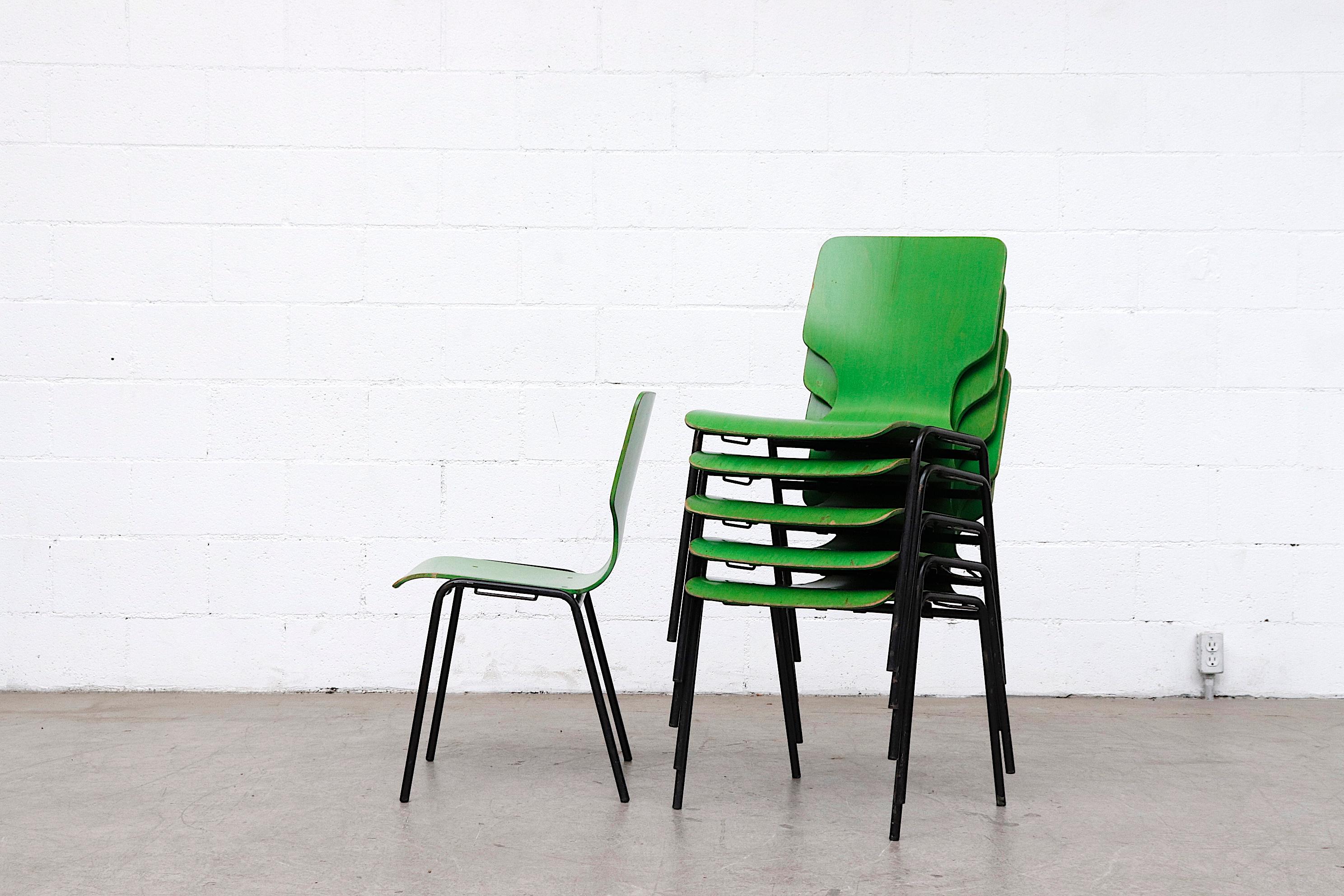 Dutch Fritz Hansen Style Green Stained Wingback Stacking Dining Chairs
