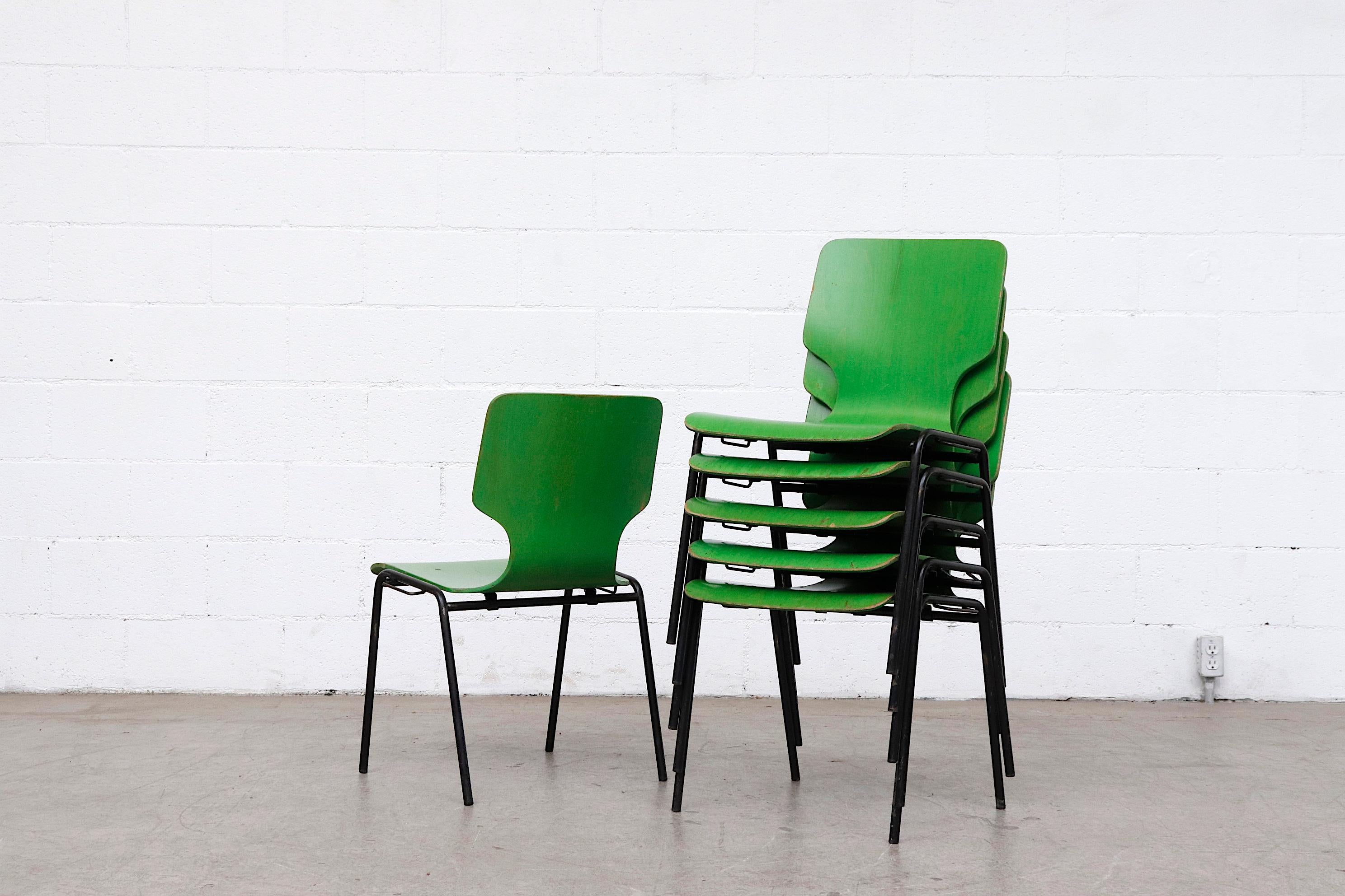 Fritz Hansen Style Green Stained Wingback Stacking Dining Chairs In Good Condition In Los Angeles, CA