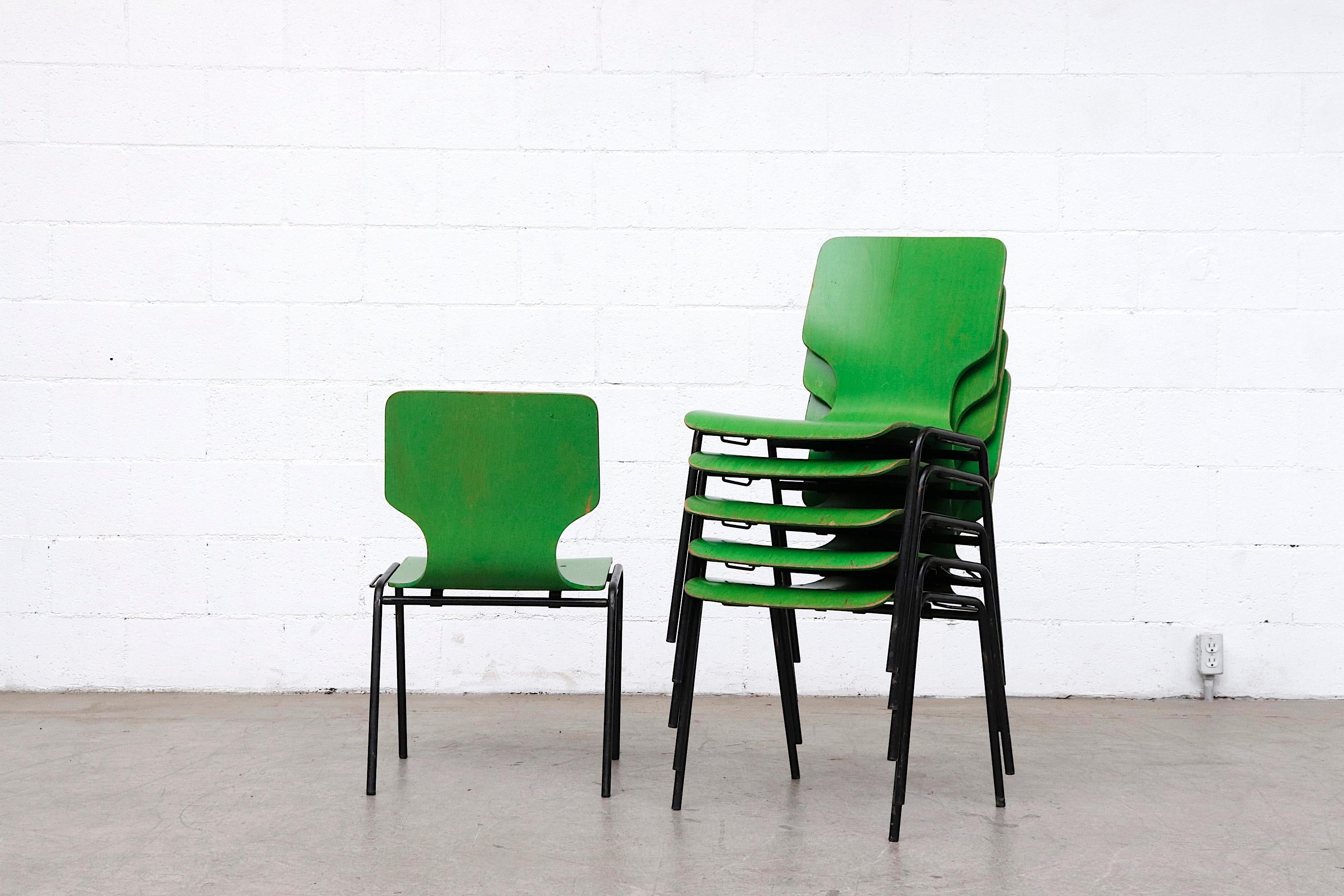 Late 20th Century Fritz Hansen Style Green Stained Wingback Stacking Dining Chairs