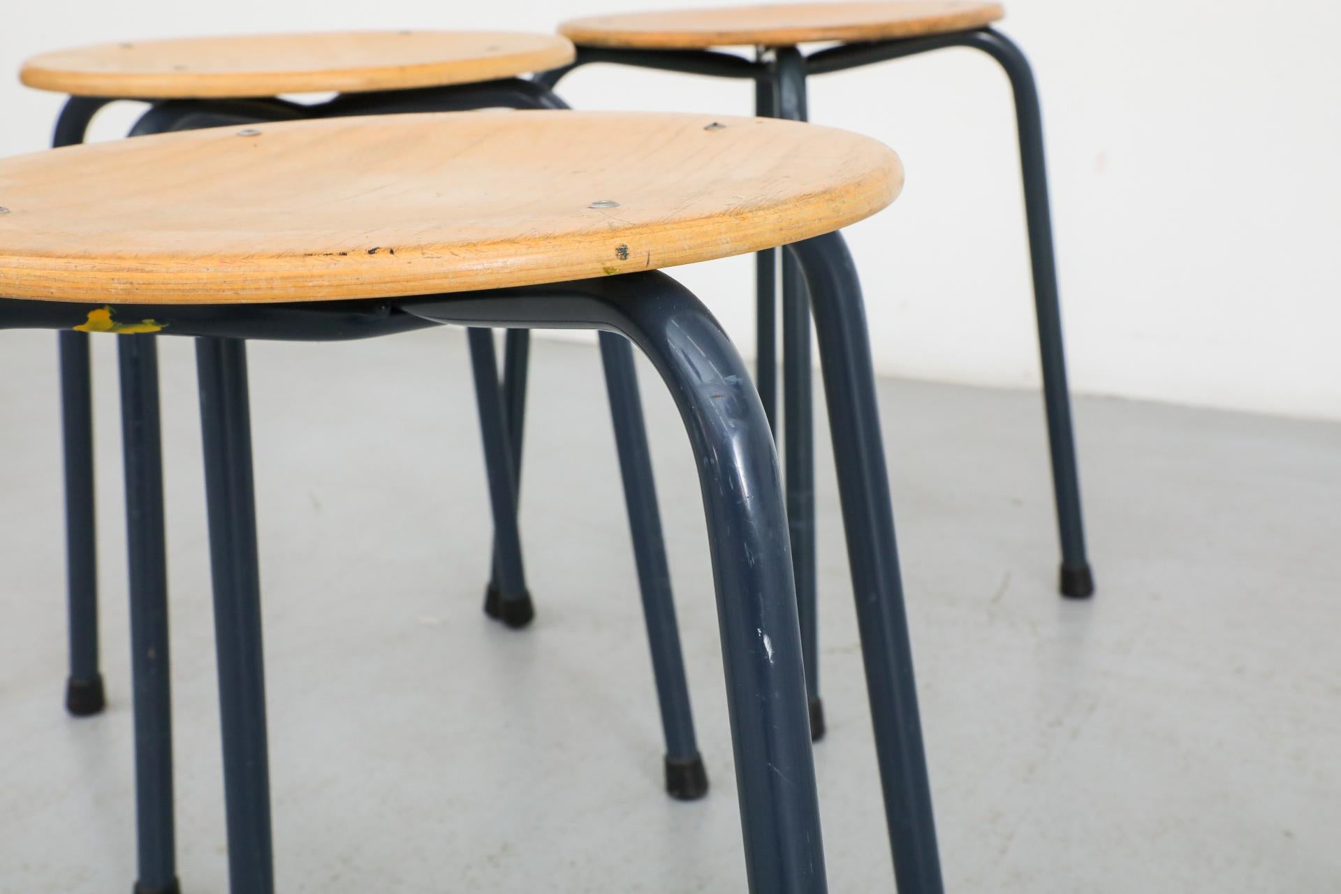 Fritz Hansen Style Industrial Stacking Task Stools with Blue Enameled Frames 4