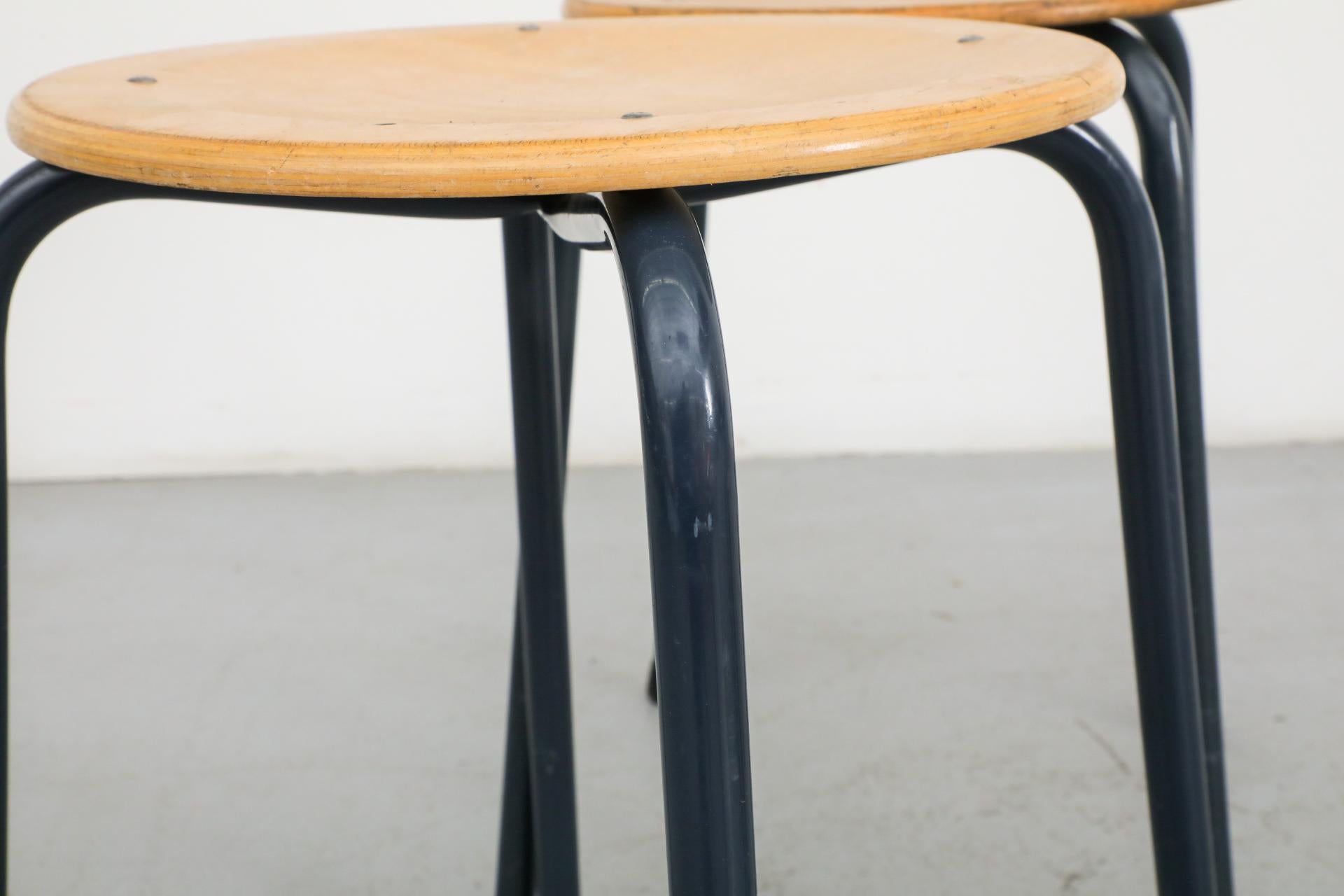 Fritz Hansen Style Industrial Stacking Task Stools with Blue Enameled Frames 5