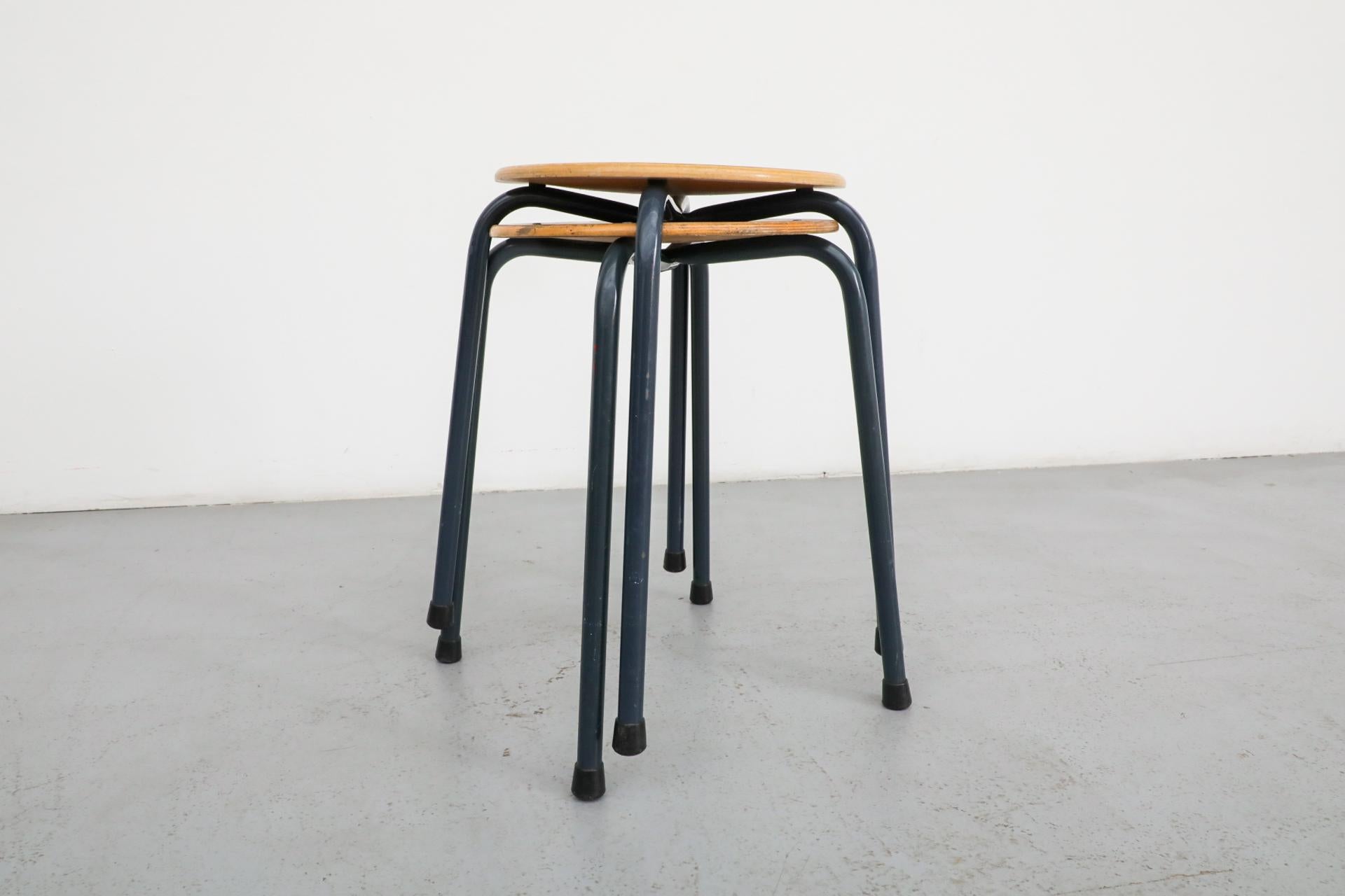 Fritz Hansen Style Industrial Stacking Task Stools with Blue Enameled Frames 9