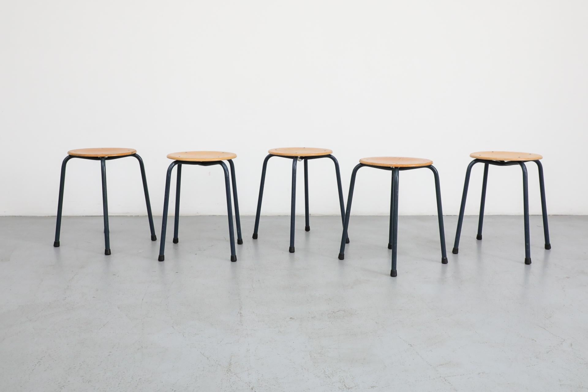 Dutch Fritz Hansen Style Industrial Stacking Task Stools with Blue Enameled Frames