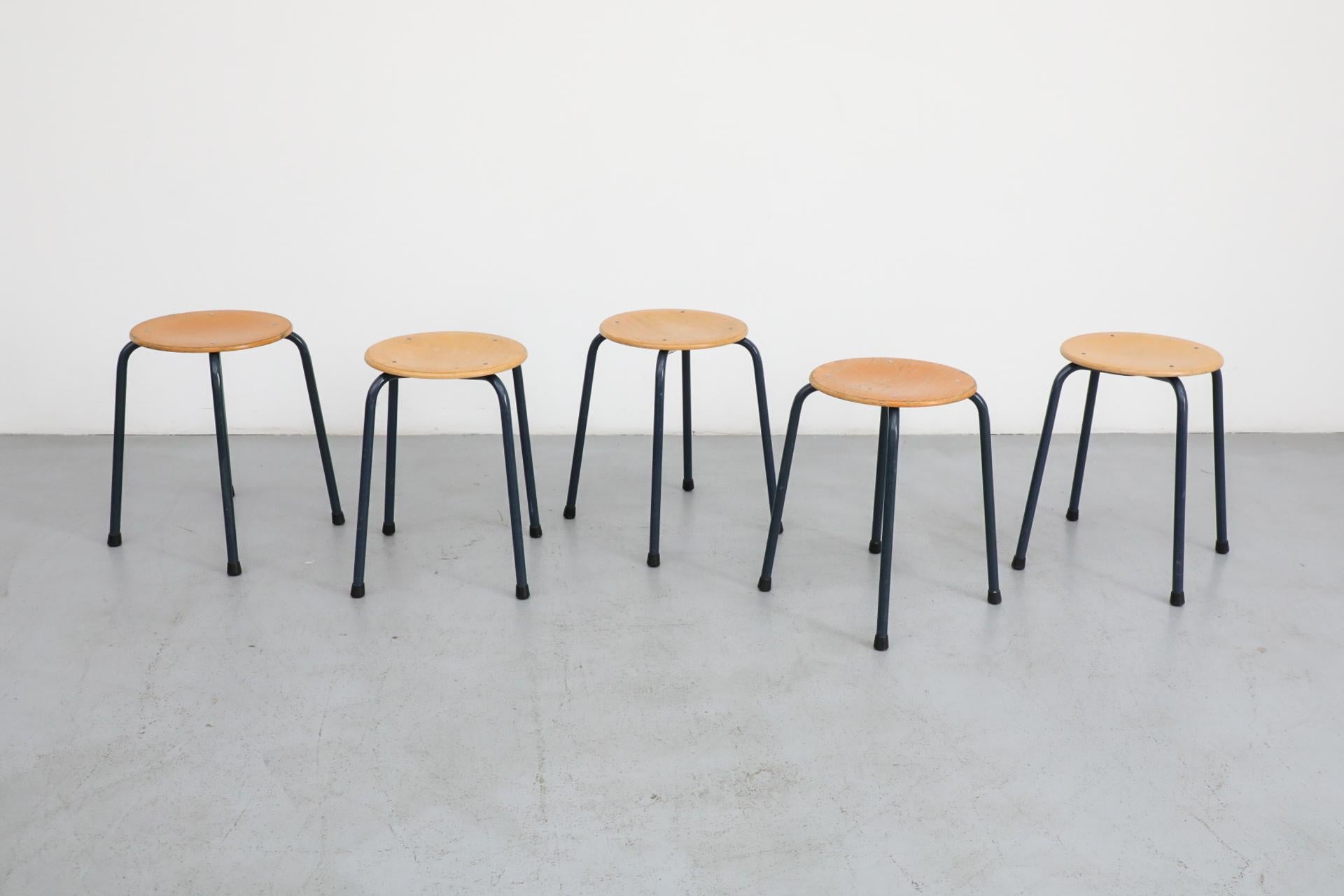 Fritz Hansen Style Industrial Stacking Task Stools with Blue Enameled Frames In Good Condition In Los Angeles, CA