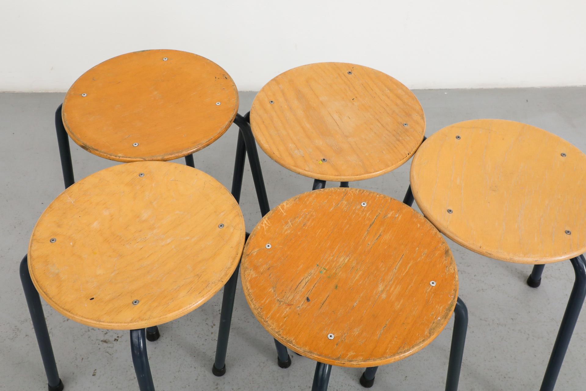 20th Century Fritz Hansen Style Industrial Stacking Task Stools with Blue Enameled Frames