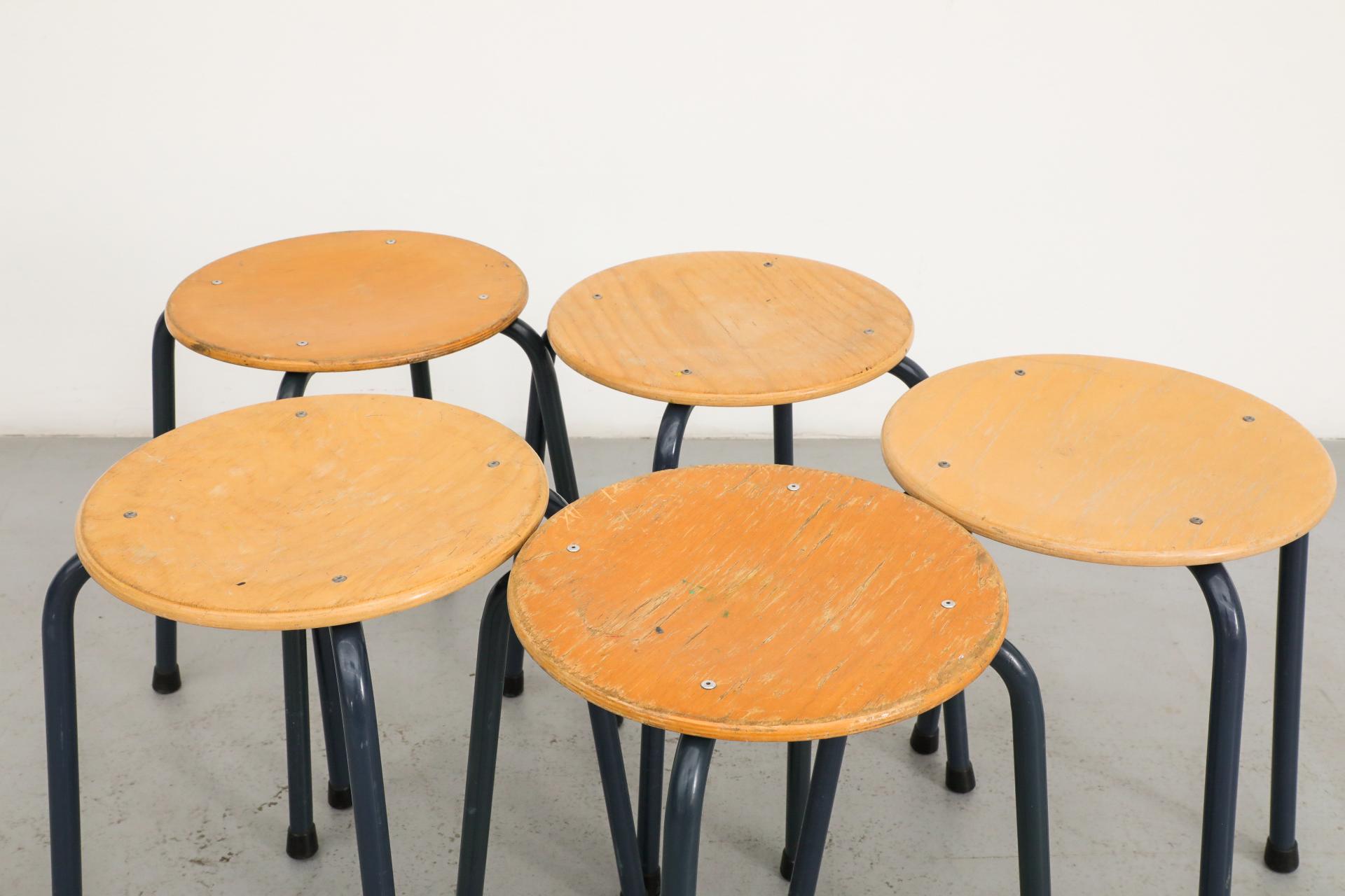 Metal Fritz Hansen Style Industrial Stacking Task Stools with Blue Enameled Frames