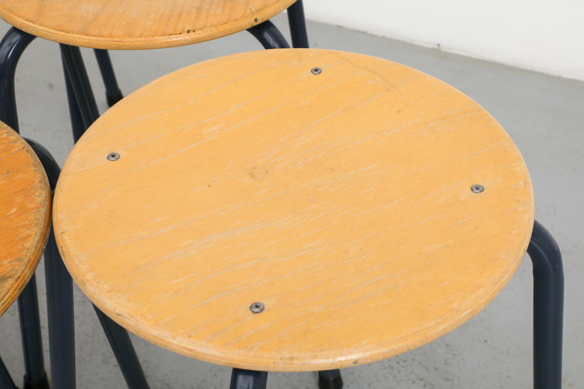 Fritz Hansen Style Industrial Stacking Task Stools with Blue Enameled Frames 1
