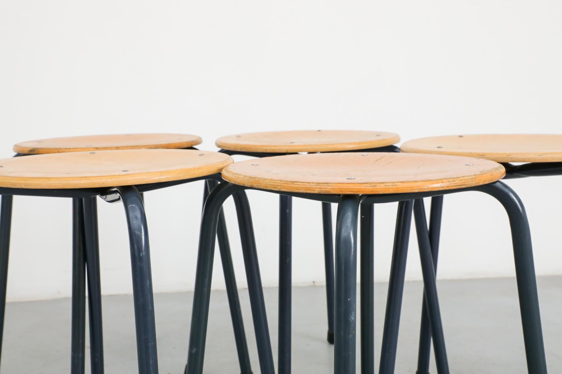 Fritz Hansen Style Industrial Stacking Task Stools with Blue Enameled Frames 3