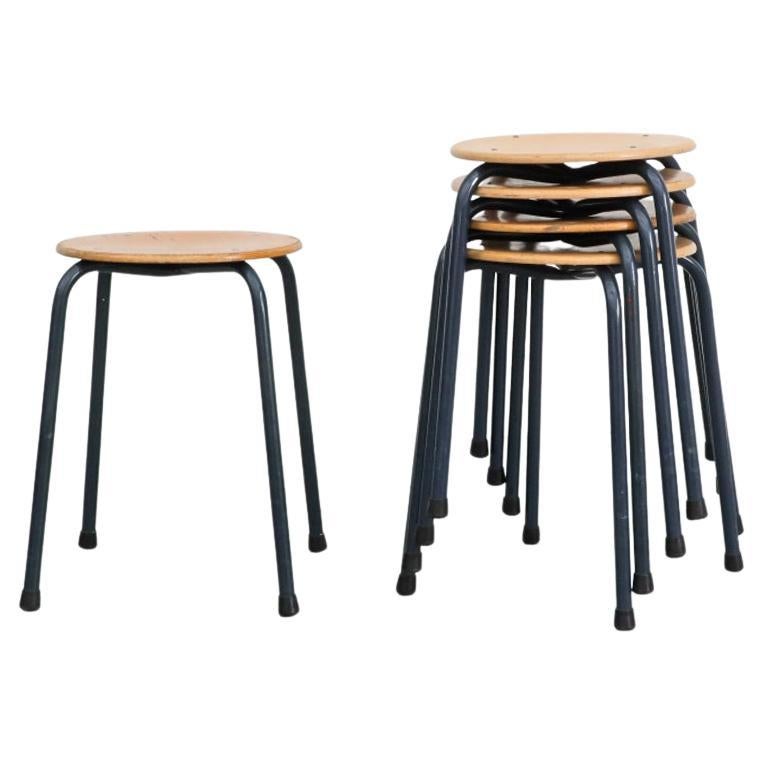 Fritz Hansen Style Industrial Stacking Task Stools with Blue Enameled Frames