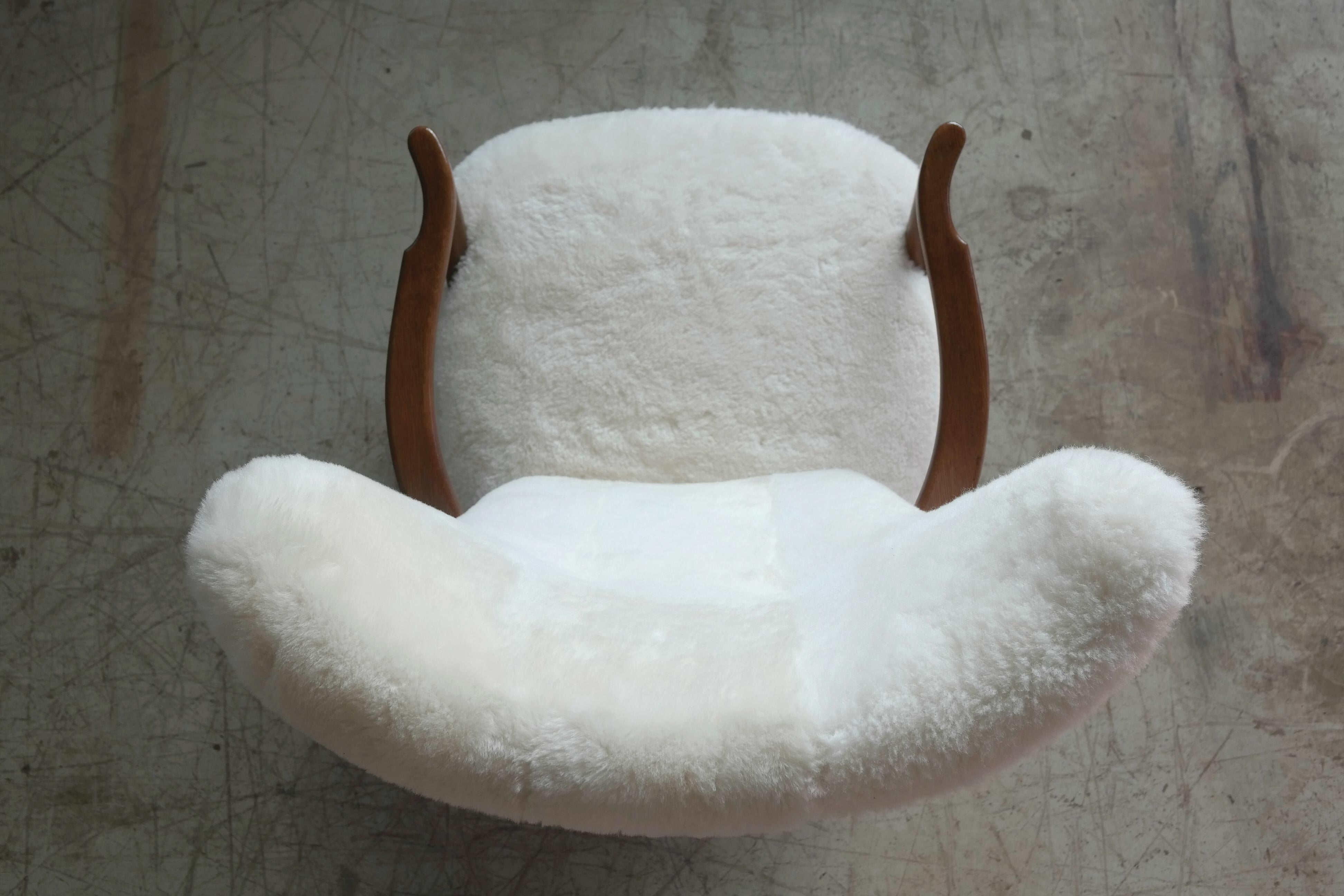 High Back Lounge Chair Covered in White Shearling Sheepskin Denmark 1940's 4