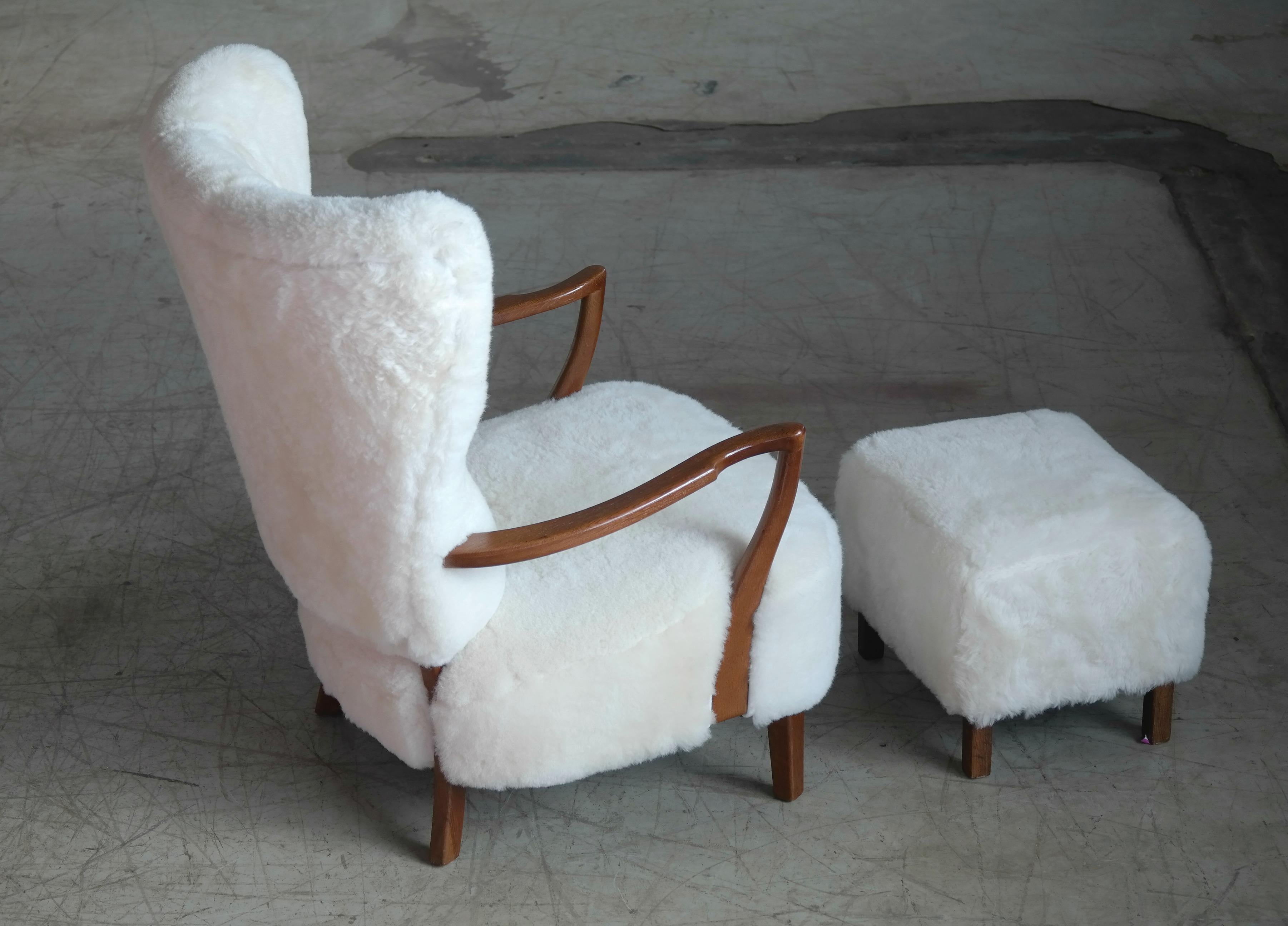 High Back Lounge Chair Covered in White Shearling Sheepskin Denmark 1940's 5