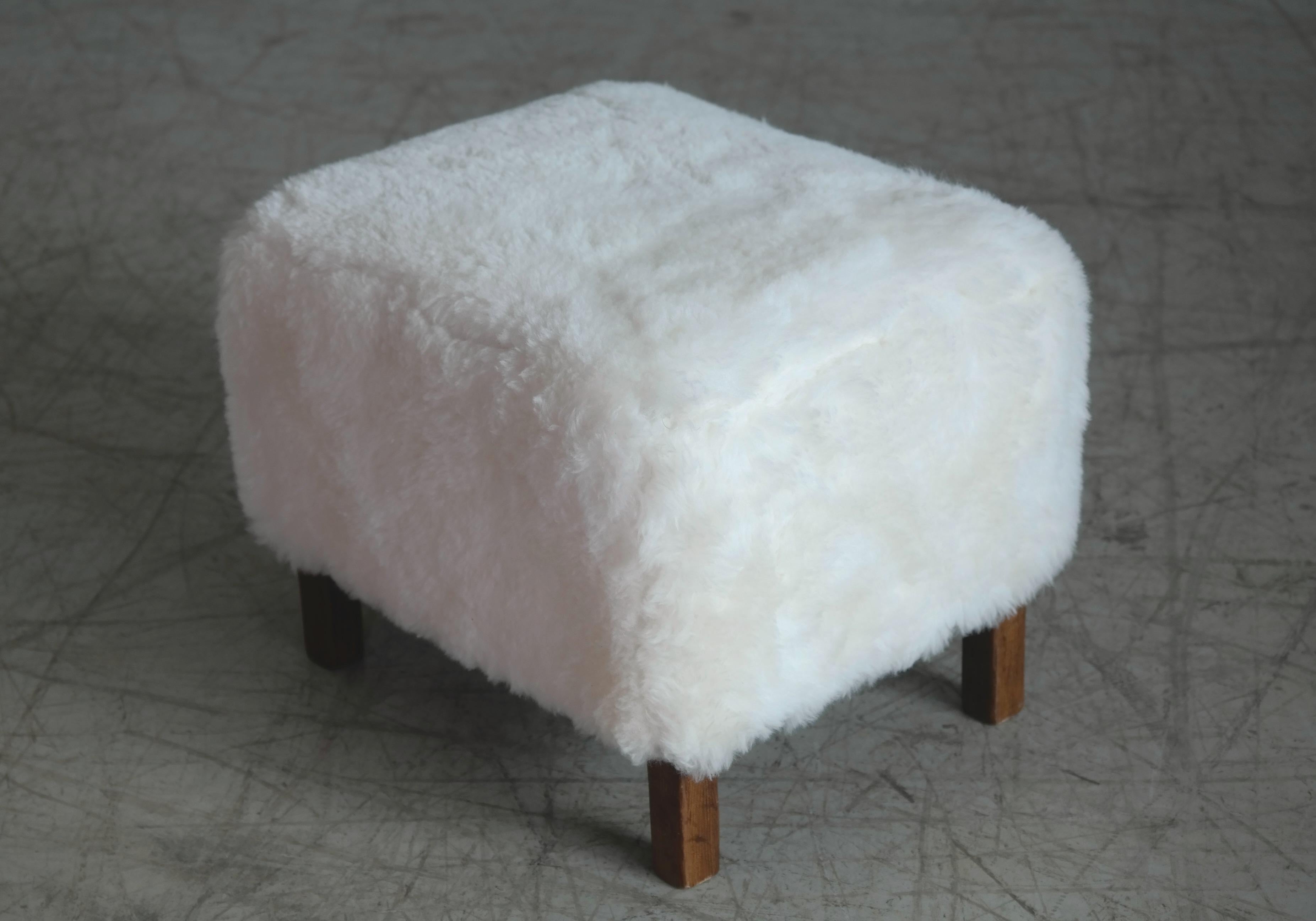 High Back Lounge Chair Covered in White Shearling Sheepskin Denmark 1940's 7