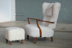 High Back Lounge Chair Covered in White Shearling Sheepskin Denmark 1940's