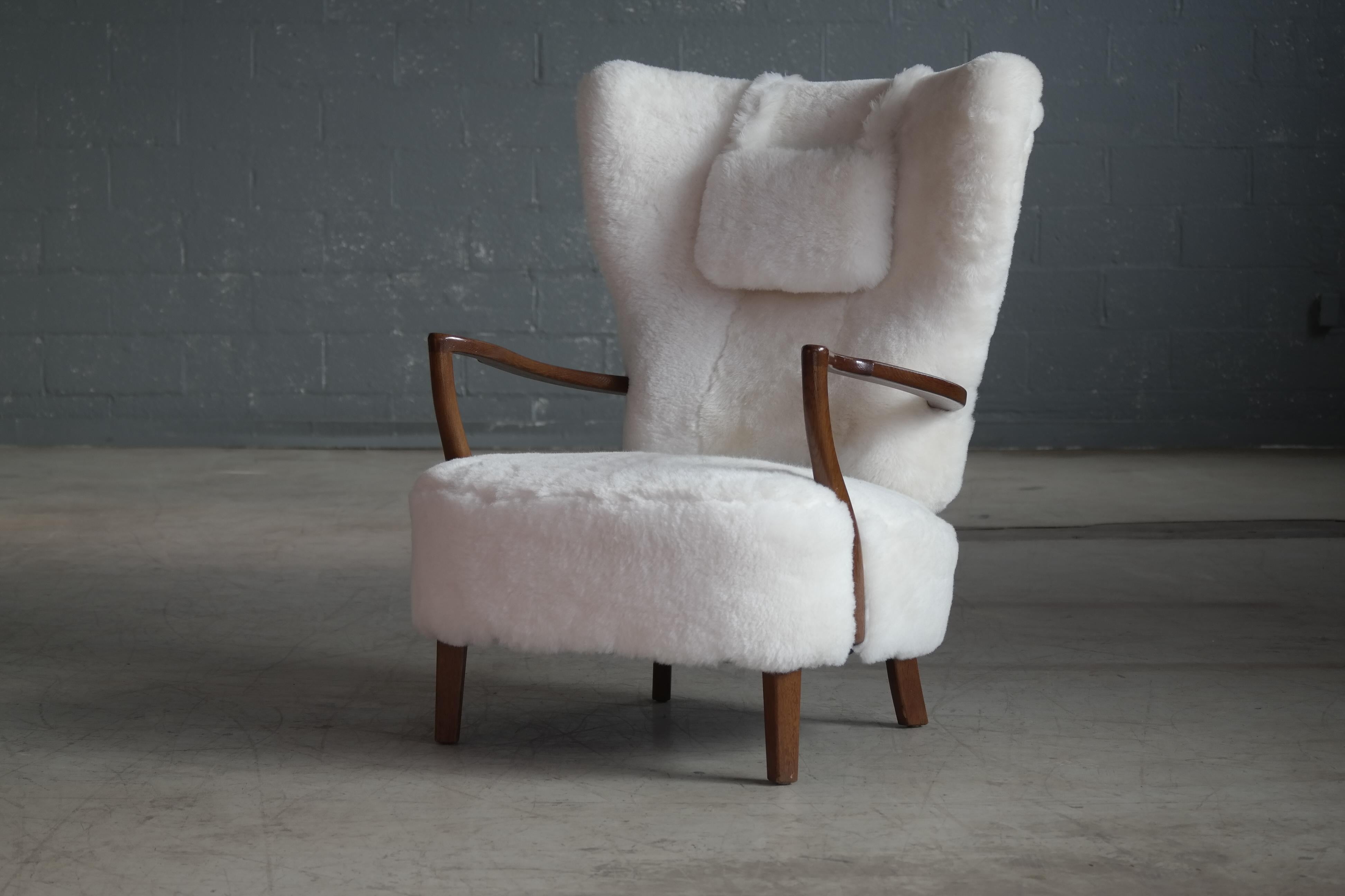 Mid-Century Modern High Back Lounge Chair Covered in White Shearling Sheepskin Denmark 1940's