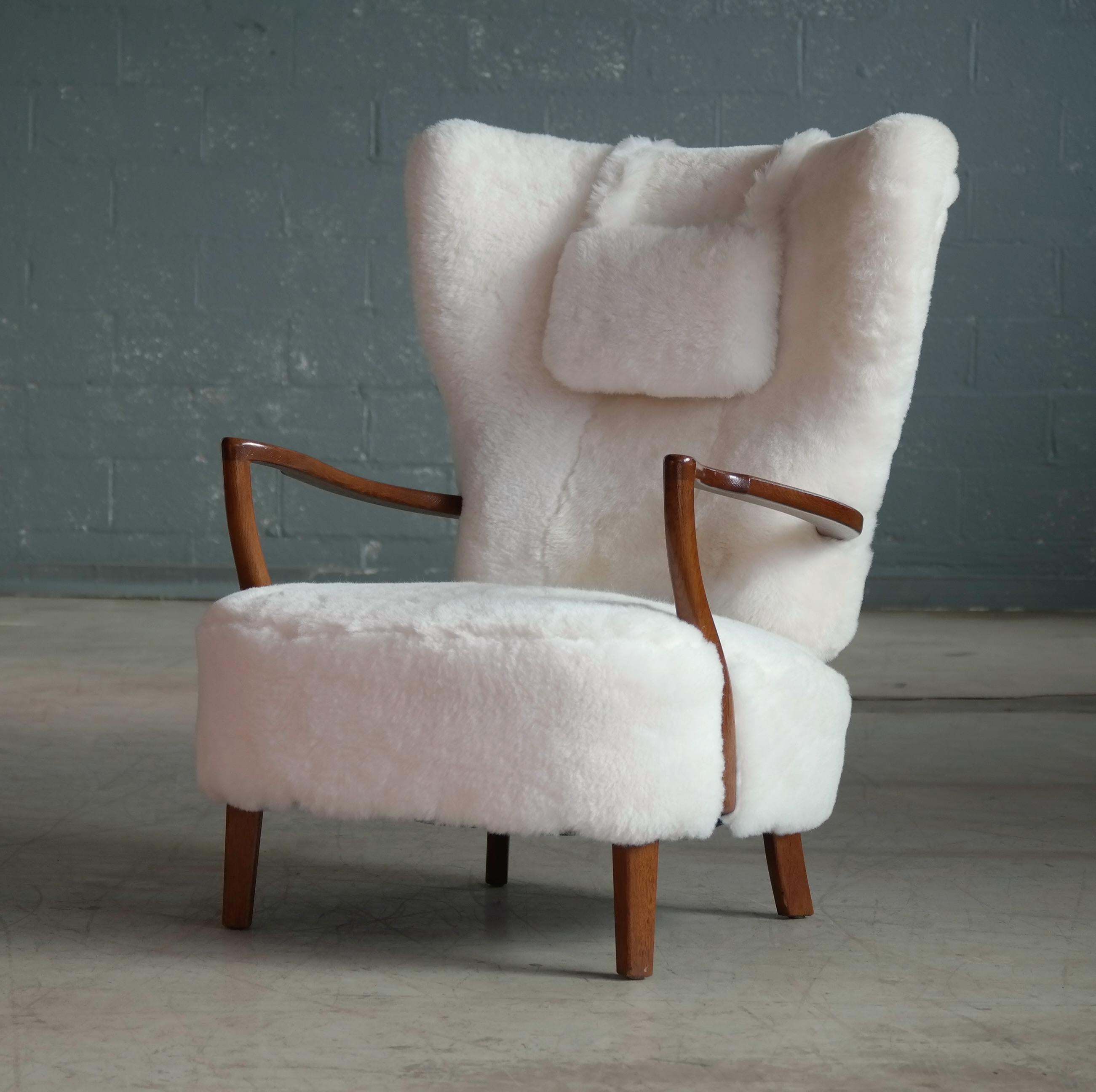 Danish High Back Lounge Chair Covered in White Shearling Sheepskin Denmark 1940's