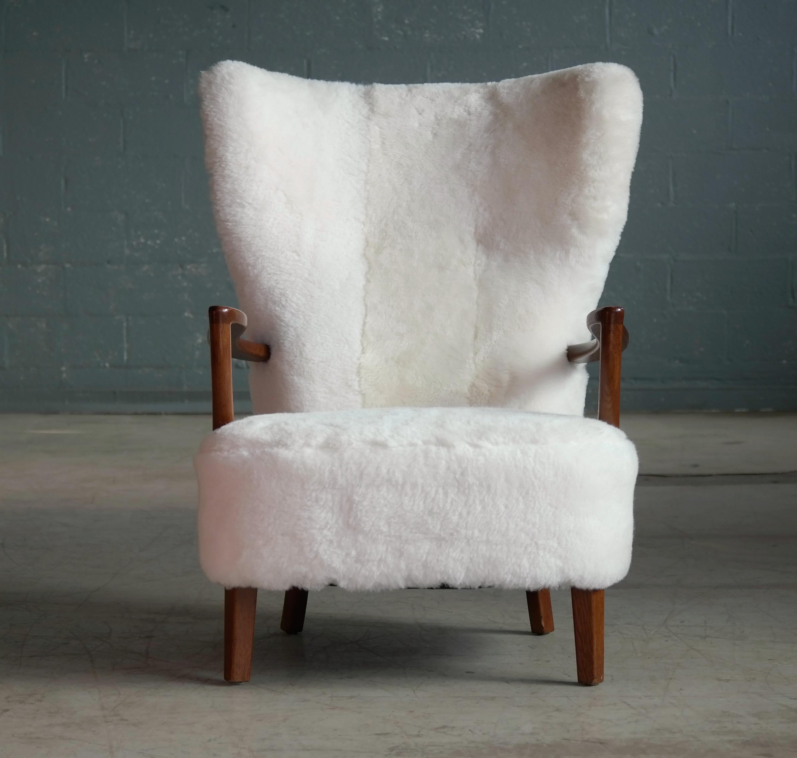 High Back Lounge Chair Covered in White Shearling Sheepskin Denmark 1940's In Excellent Condition In Bridgeport, CT