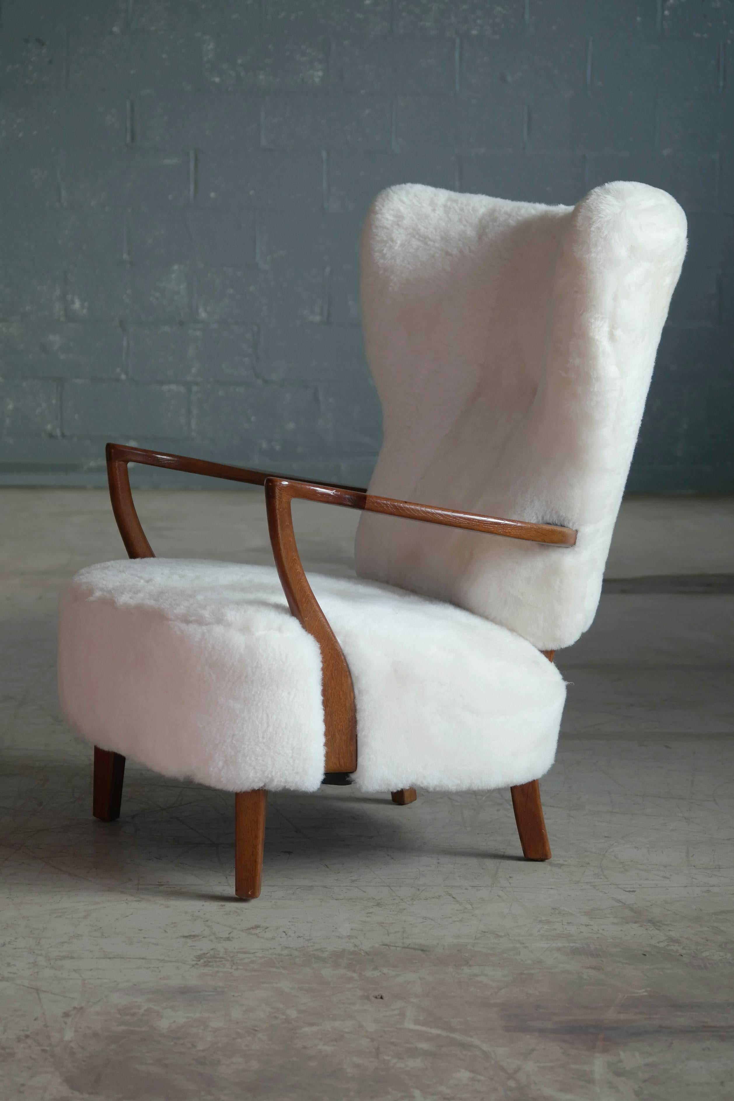 Mid-20th Century High Back Lounge Chair Covered in White Shearling Sheepskin Denmark 1940's