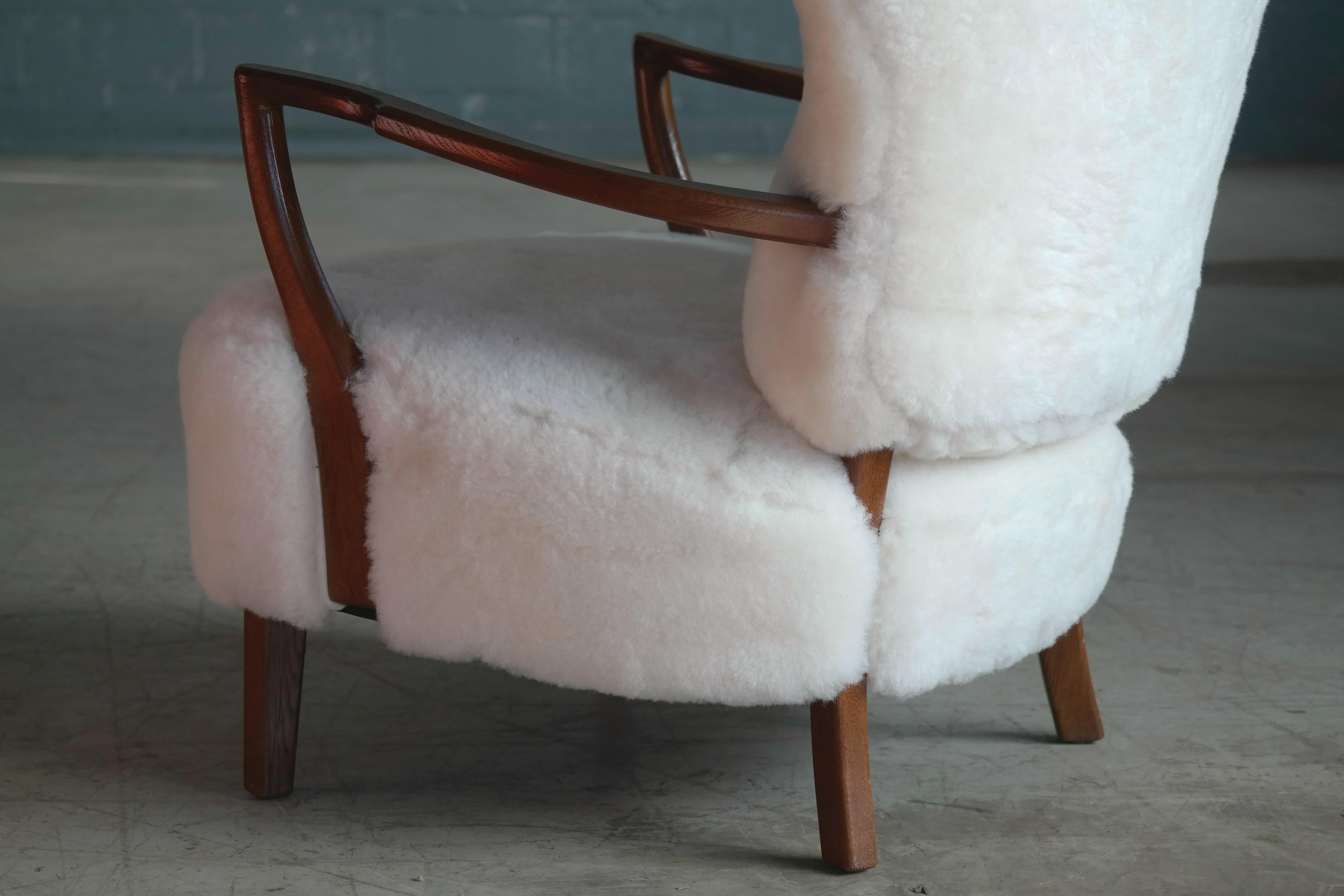 High Back Lounge Chair Covered in White Shearling Sheepskin Denmark 1940's 1
