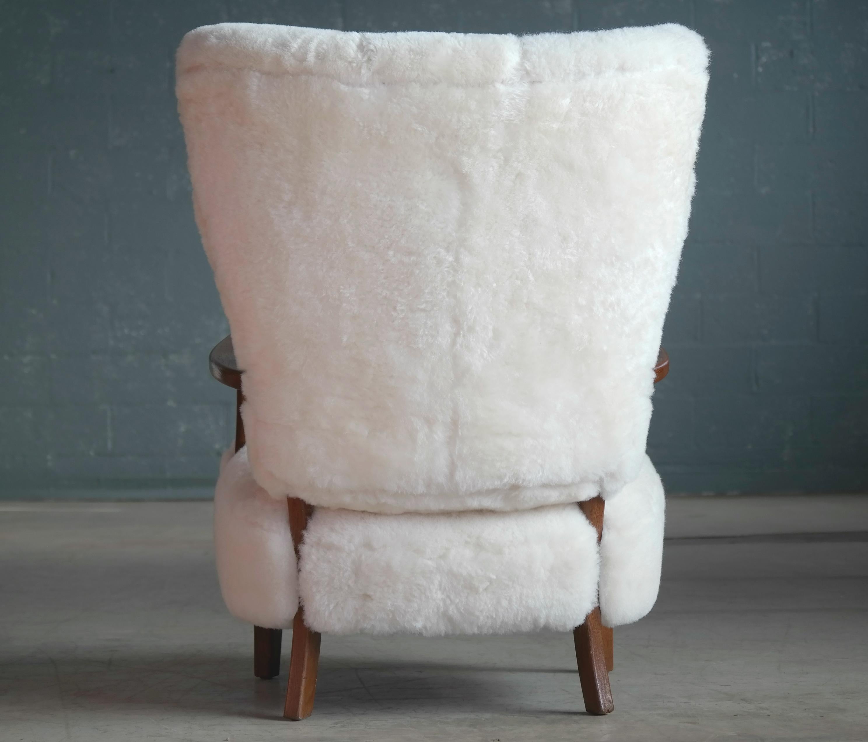 High Back Lounge Chair Covered in White Shearling Sheepskin Denmark 1940's 2