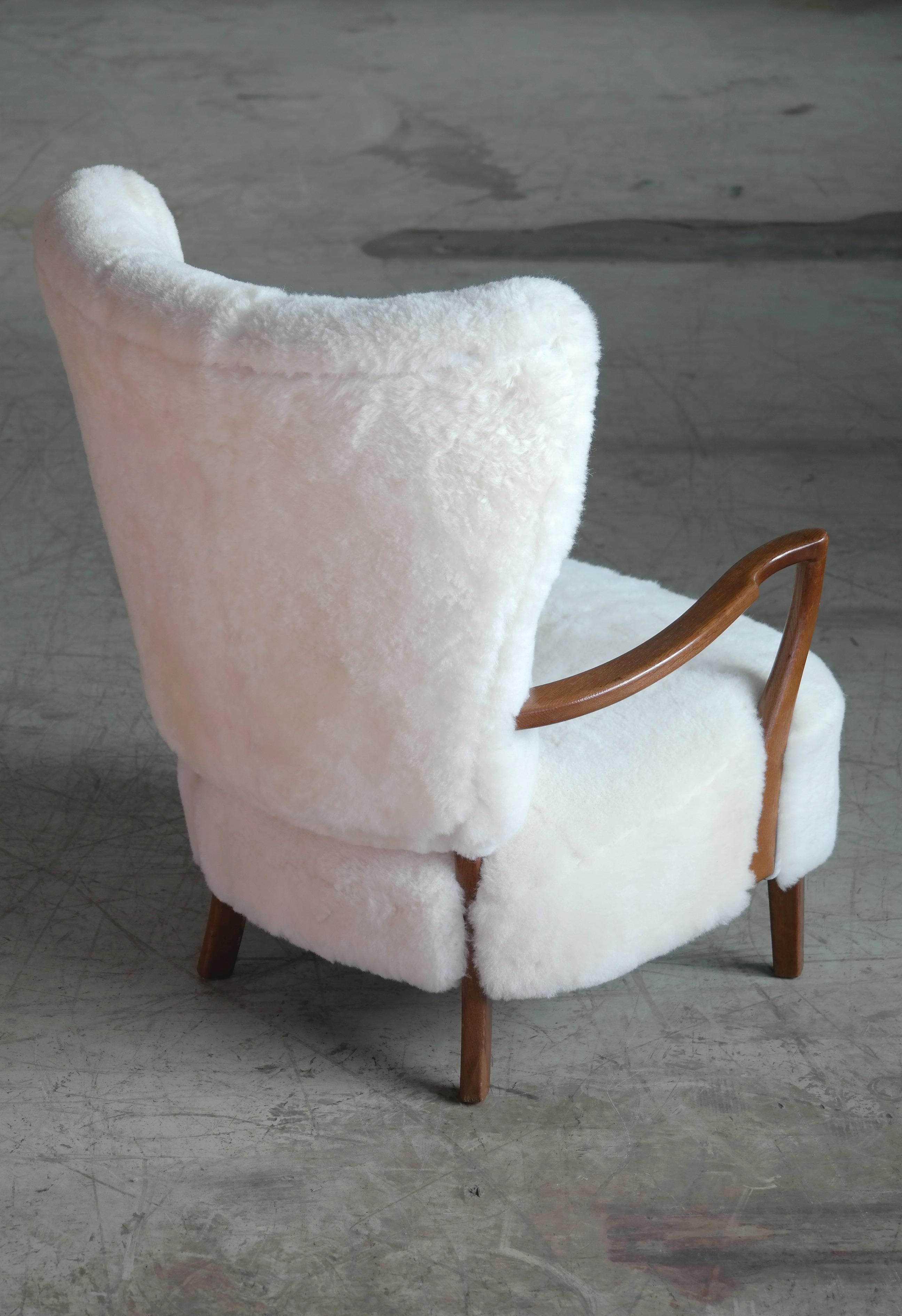 High Back Lounge Chair Covered in White Shearling Sheepskin Denmark 1940's 3