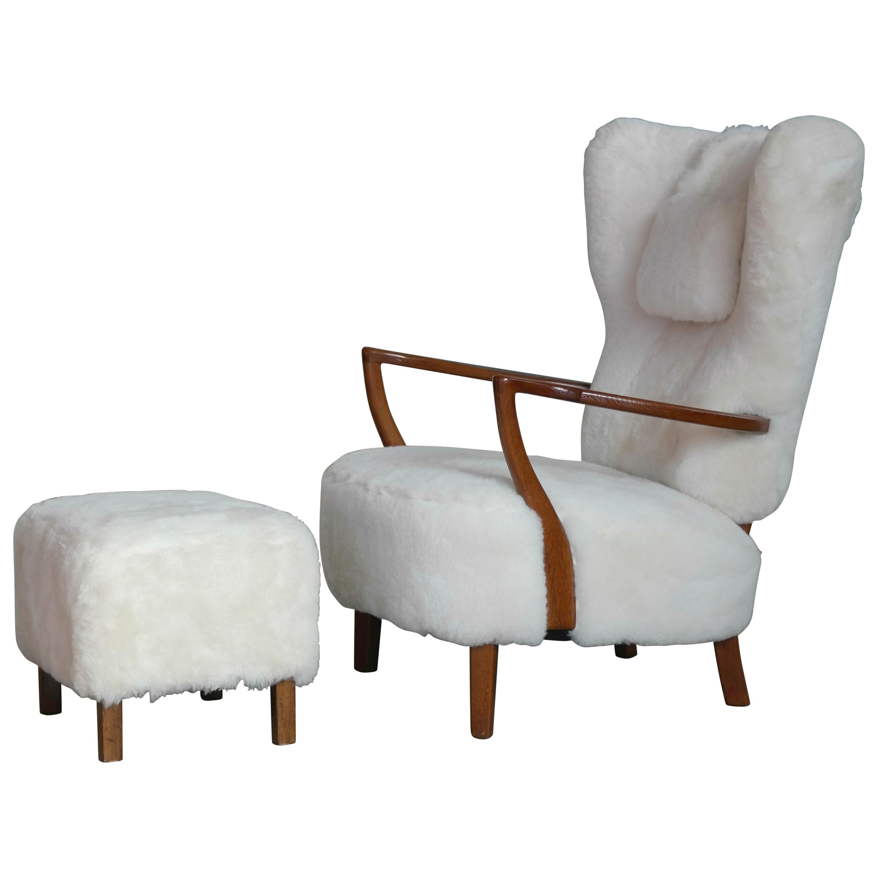 High Back Lounge Chair Covered in White Shearling Sheepskin Denmark 1940
s