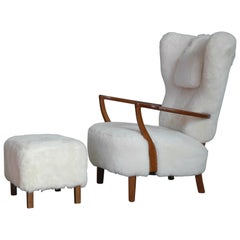 High Back Lounge Chair Covered in White Shearling Sheepskin Denmark 1940's