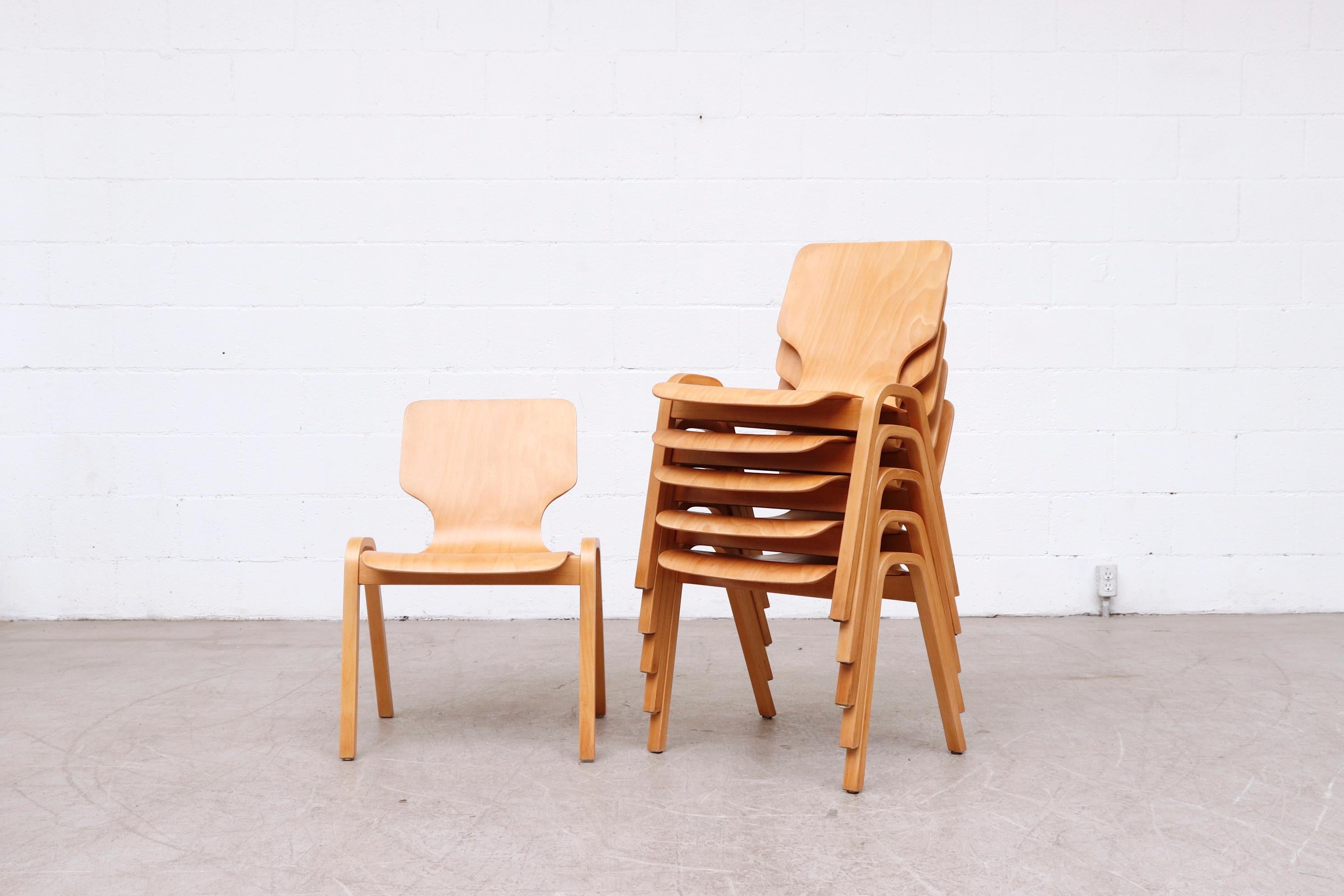 Delicate Fritz Hansen style single shell bentwood stacking dining chairs. Leg detail is inspired by Alvar Aalto. All in original condition with wear and scratching consistent with their age and use. Individually priced. Similar style chairs also