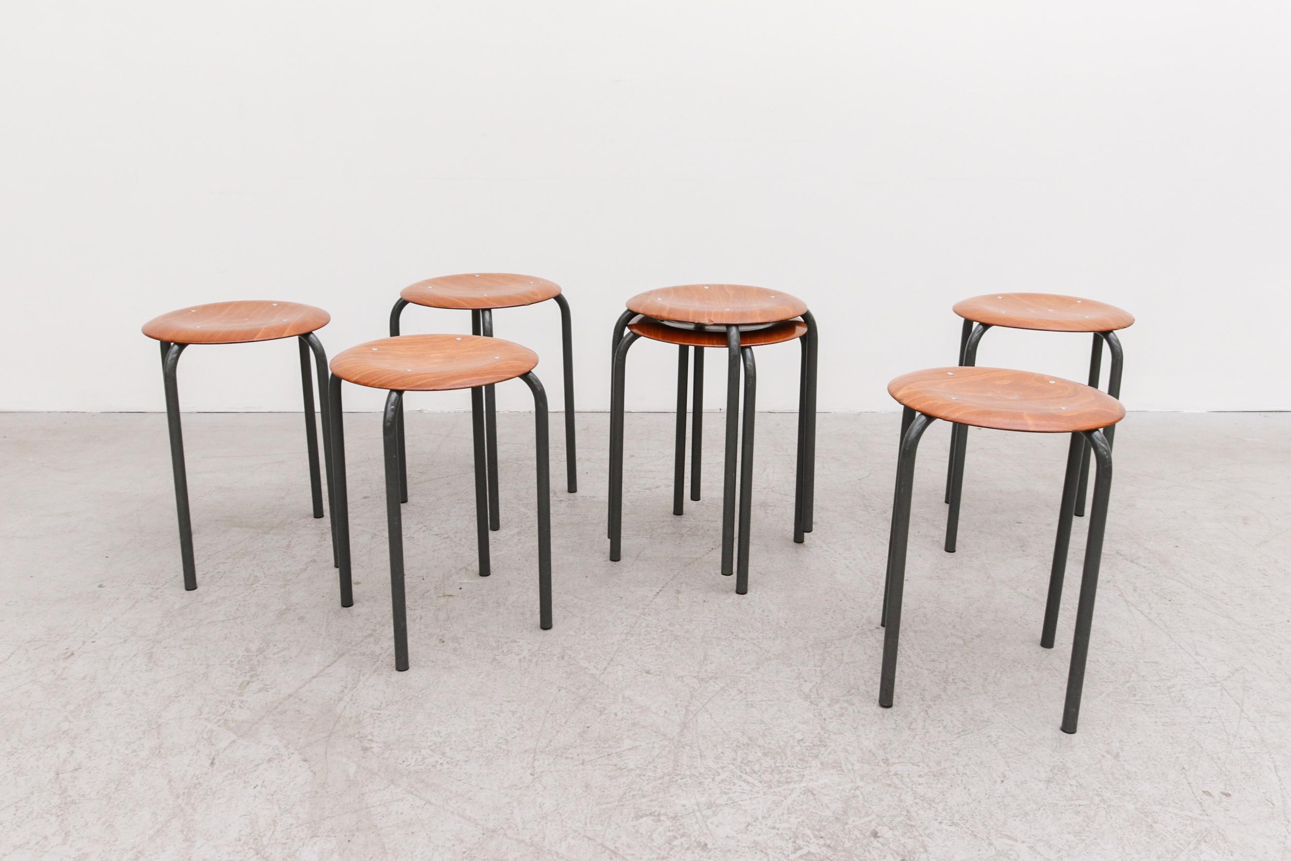 Set of 2 Fritz Hansen Style Stools With Enameled Frame and Molded Plywood Seats In Good Condition For Sale In Los Angeles, CA