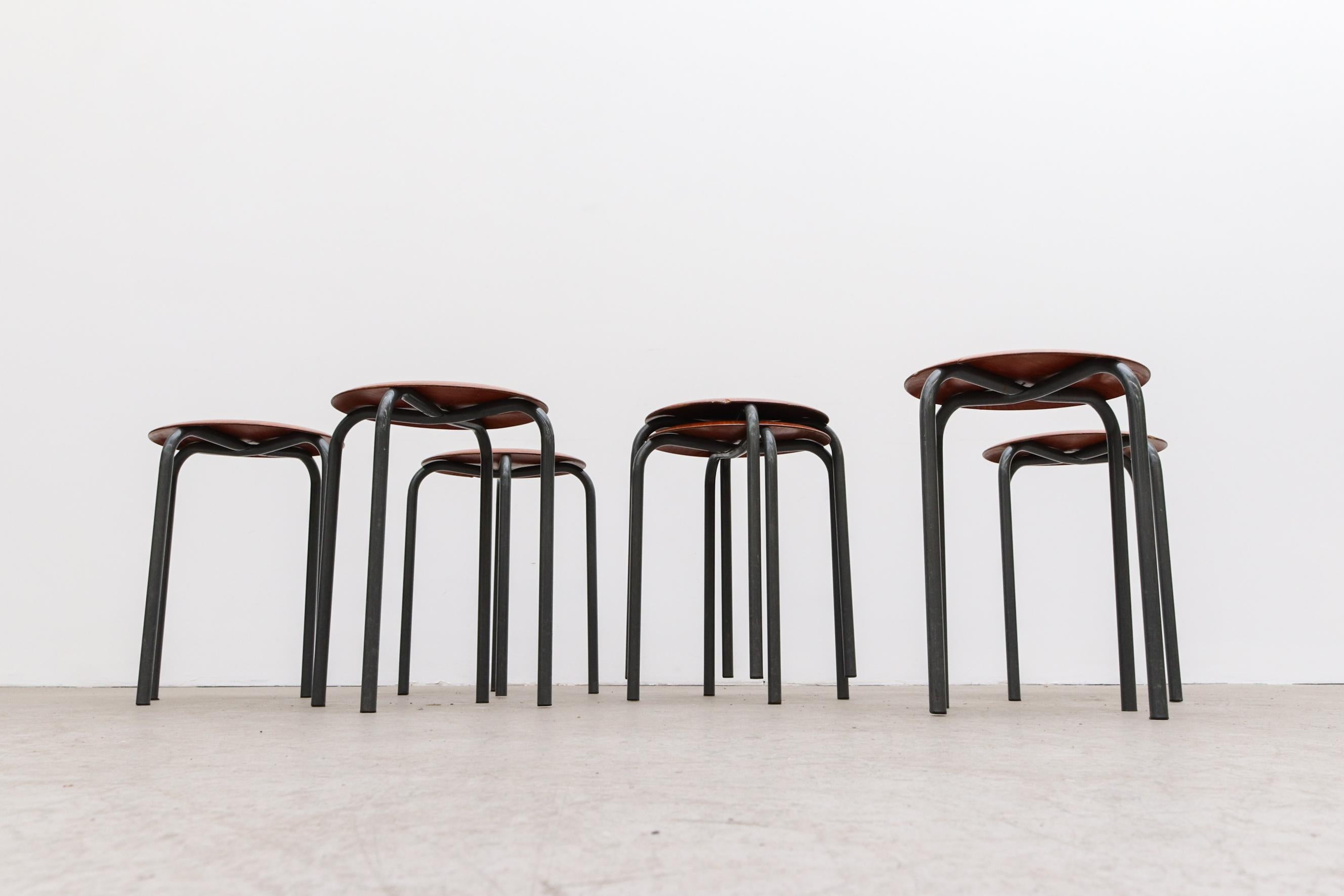 Mid-20th Century Set of 2 Fritz Hansen Style Stools With Enameled Frame and Molded Plywood Seats