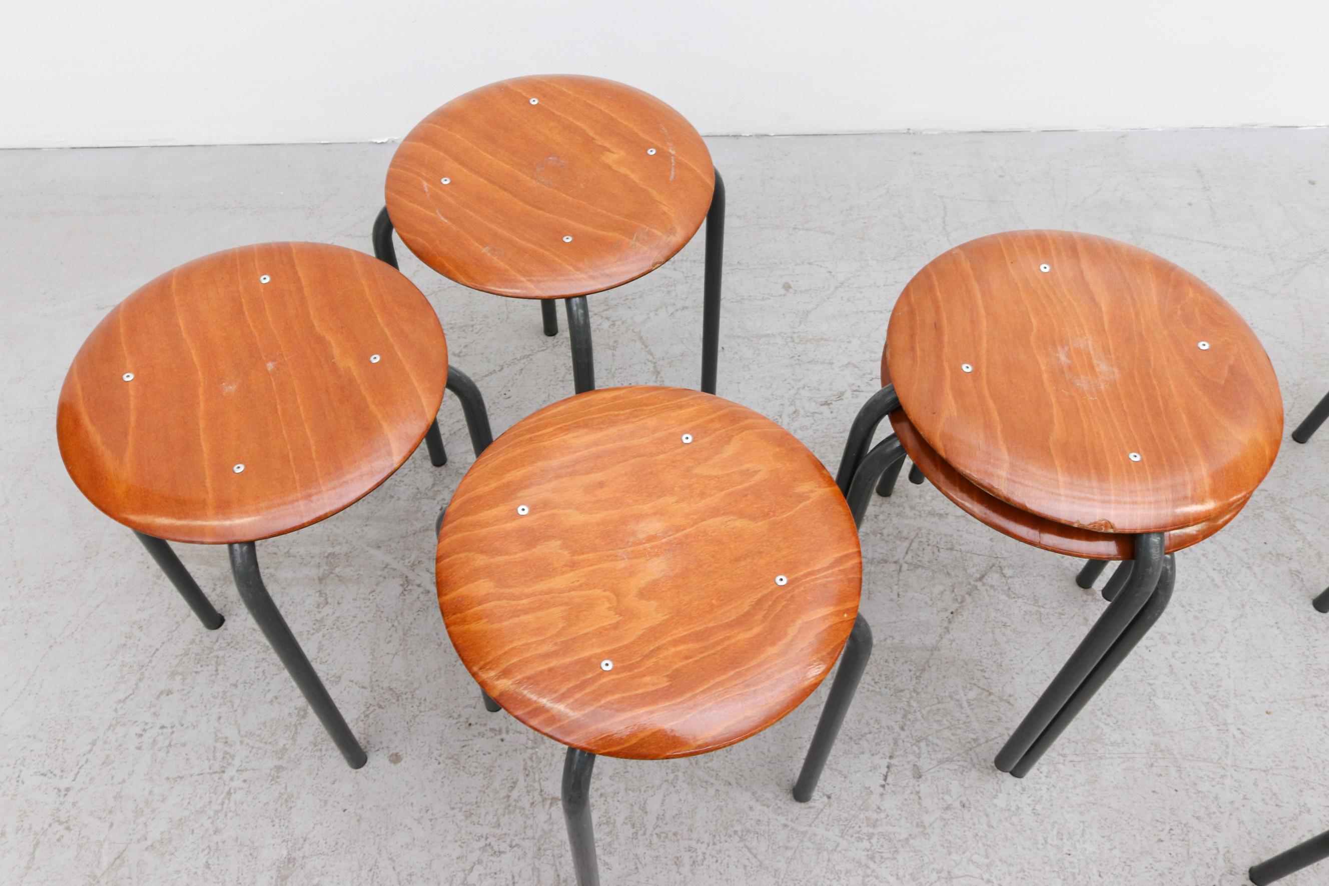 Metal Set of 2 Fritz Hansen Style Stools With Enameled Frame and Molded Plywood Seats For Sale