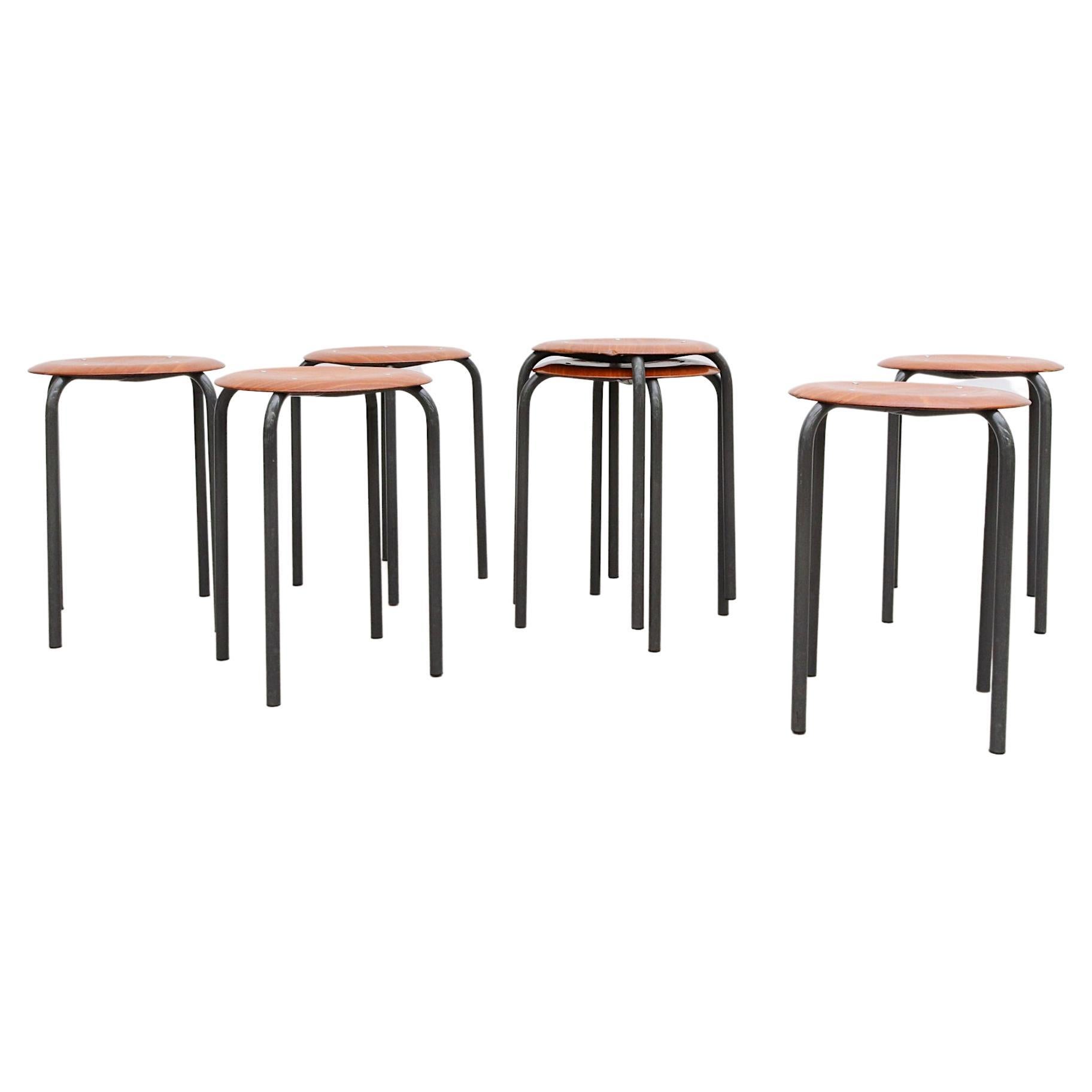 Set of 2 Fritz Hansen Style Stools With Enameled Frame and Molded Plywood Seats For Sale