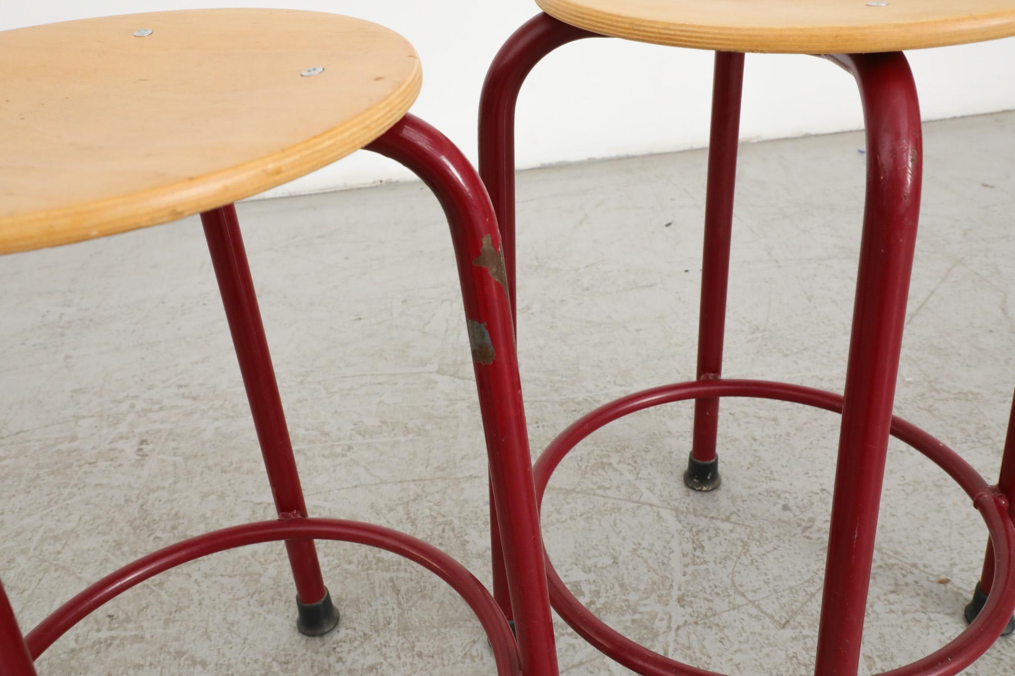 Fritz Hansen Style Task Stools with Red Enameled Frames For Sale 5