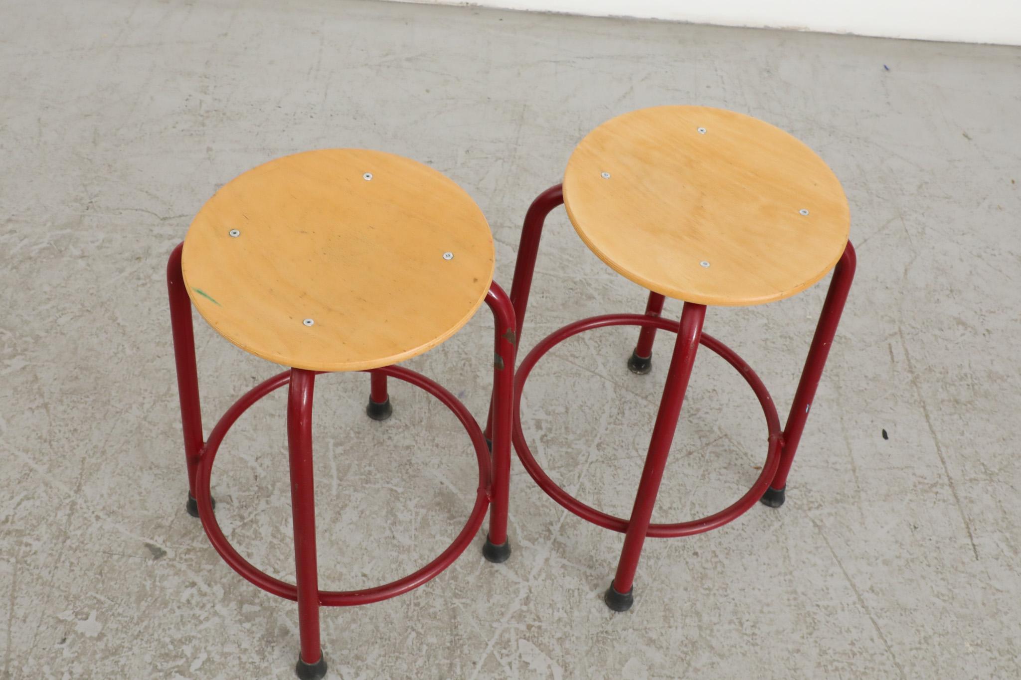Fritz Hansen Style Task Stools with Red Enameled Frames For Sale 7