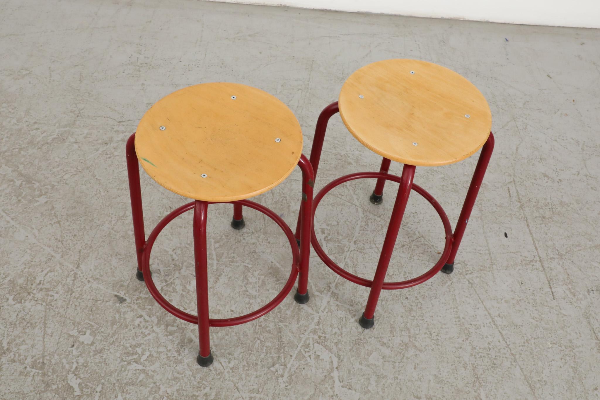 Fritz Hansen Style Task Stools with Red Enameled Frames For Sale 8