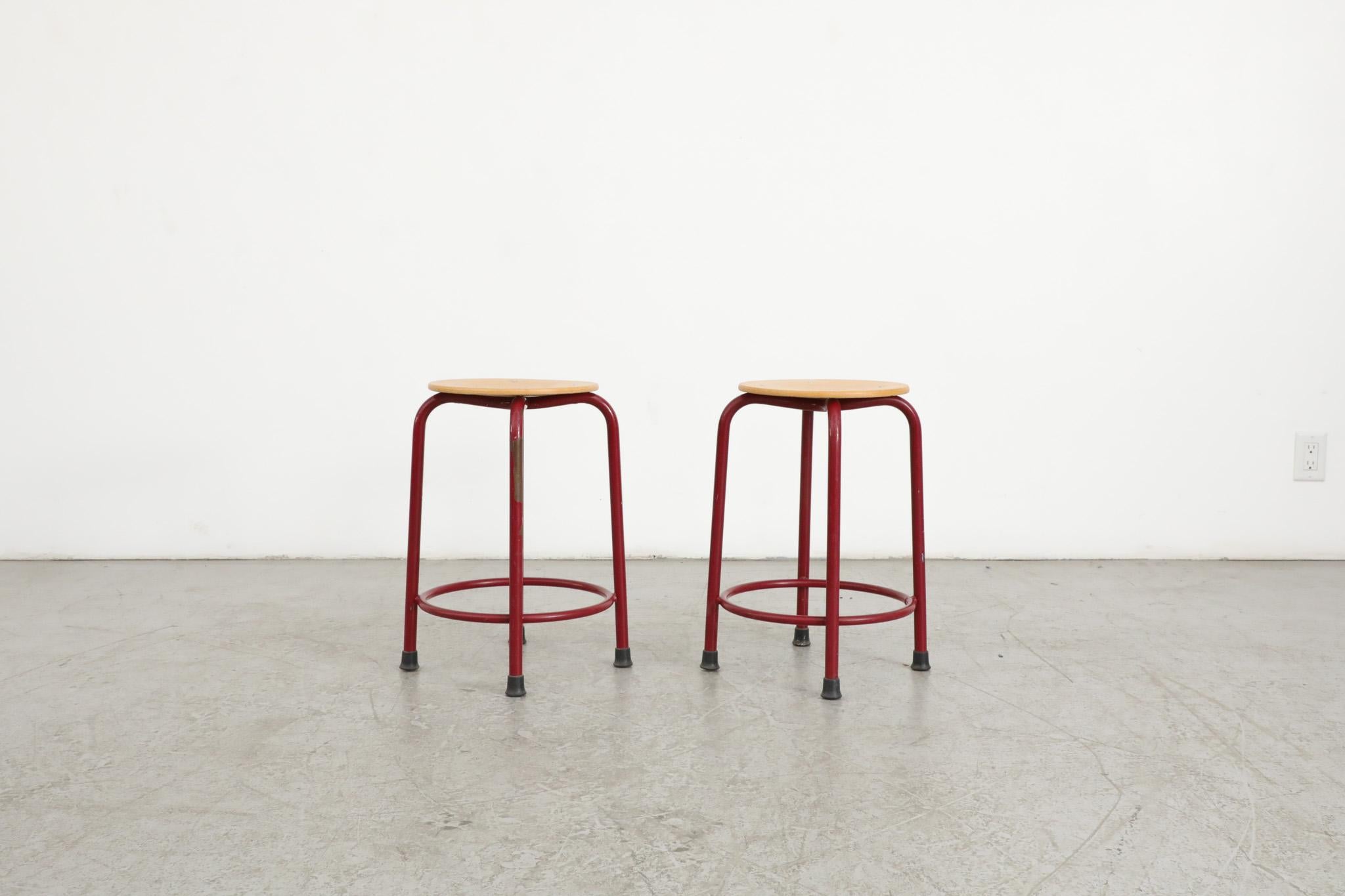 Mid-Century Modern Fritz Hansen Style Task Stools with Red Enameled Frames For Sale