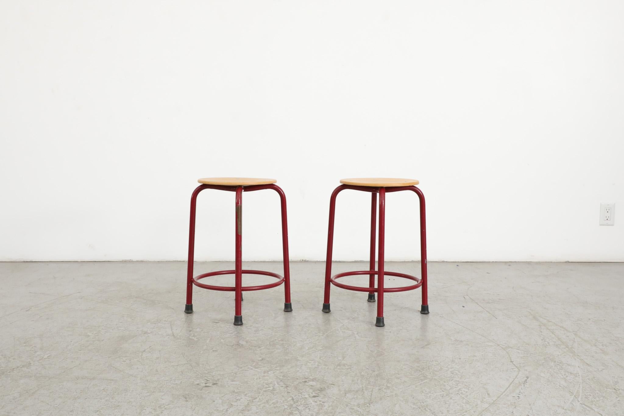 Dutch Fritz Hansen Style Task Stools with Red Enameled Frames For Sale