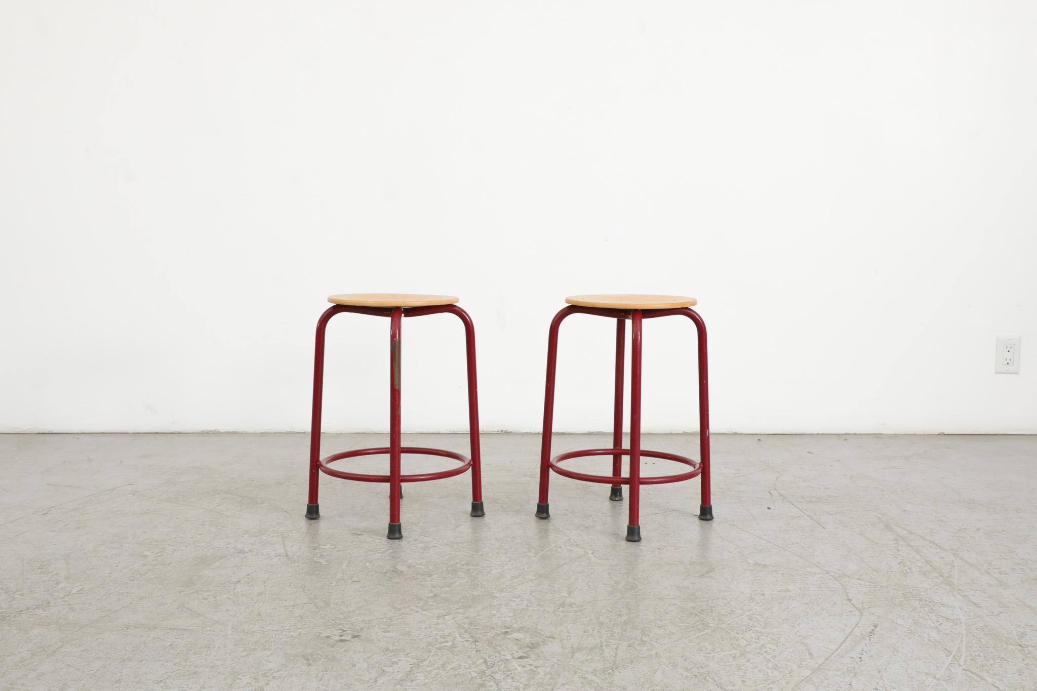 Fritz Hansen Style Task Stools with Red Enameled Frames In Good Condition For Sale In Los Angeles, CA