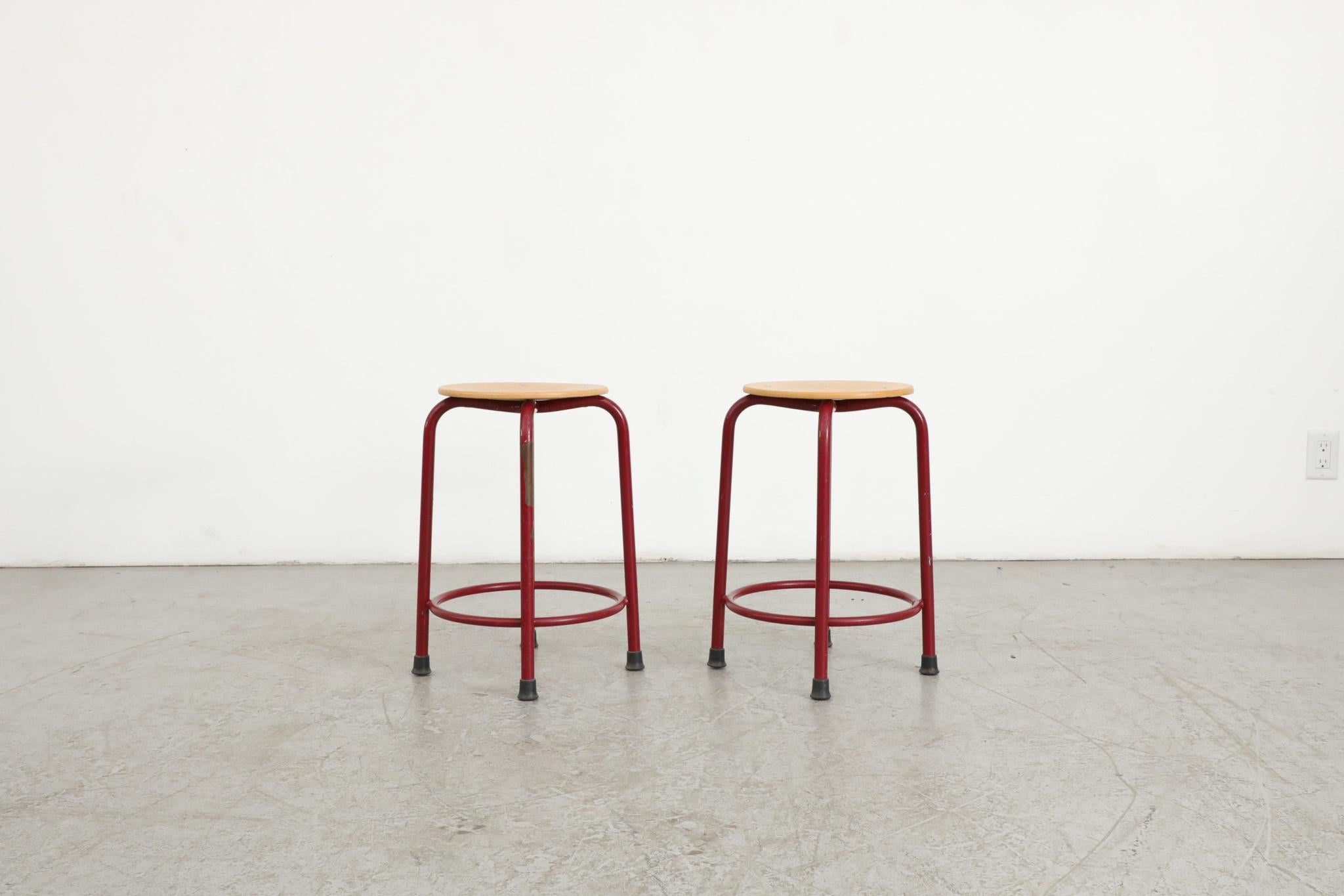 Late 20th Century Fritz Hansen Style Task Stools with Red Enameled Frames For Sale