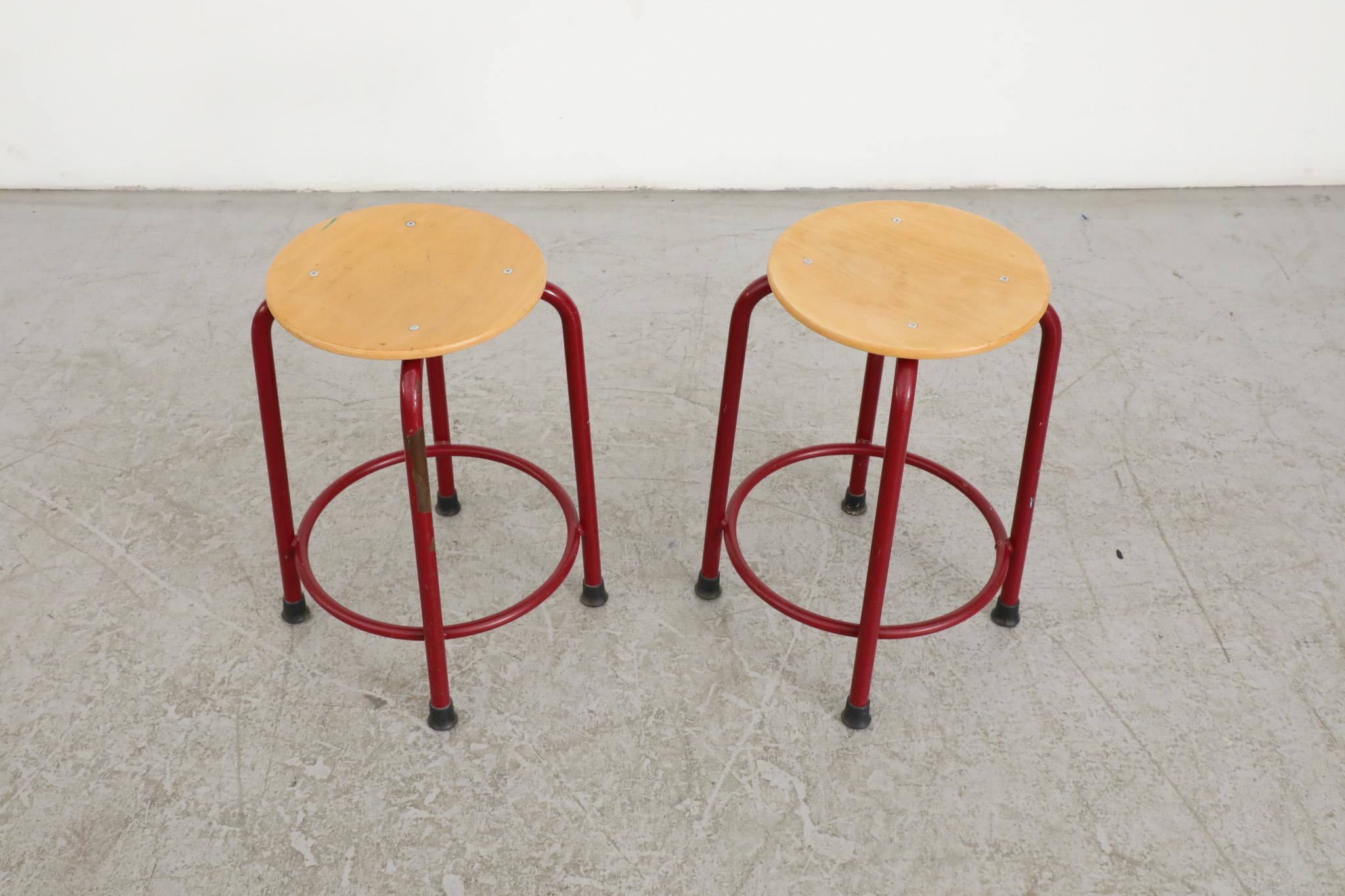 Metal Fritz Hansen Style Task Stools with Red Enameled Frames For Sale