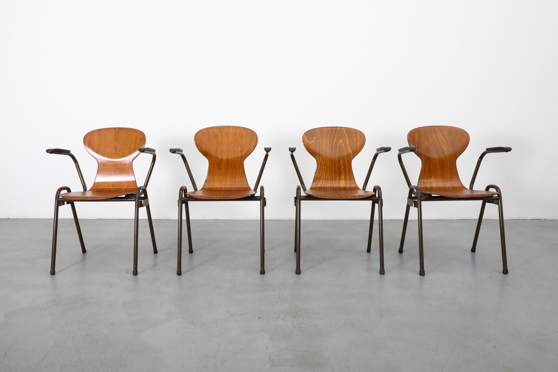 Sillas de auditorio de mediados de siglo, estilo Fritz Hansen. Este lote se utilizó originalmente en una iglesia holandesa. El diseño presenta asientos deslizantes de teca prensada y curvada sobre un armazón tubular de metal esmaltado marrón.