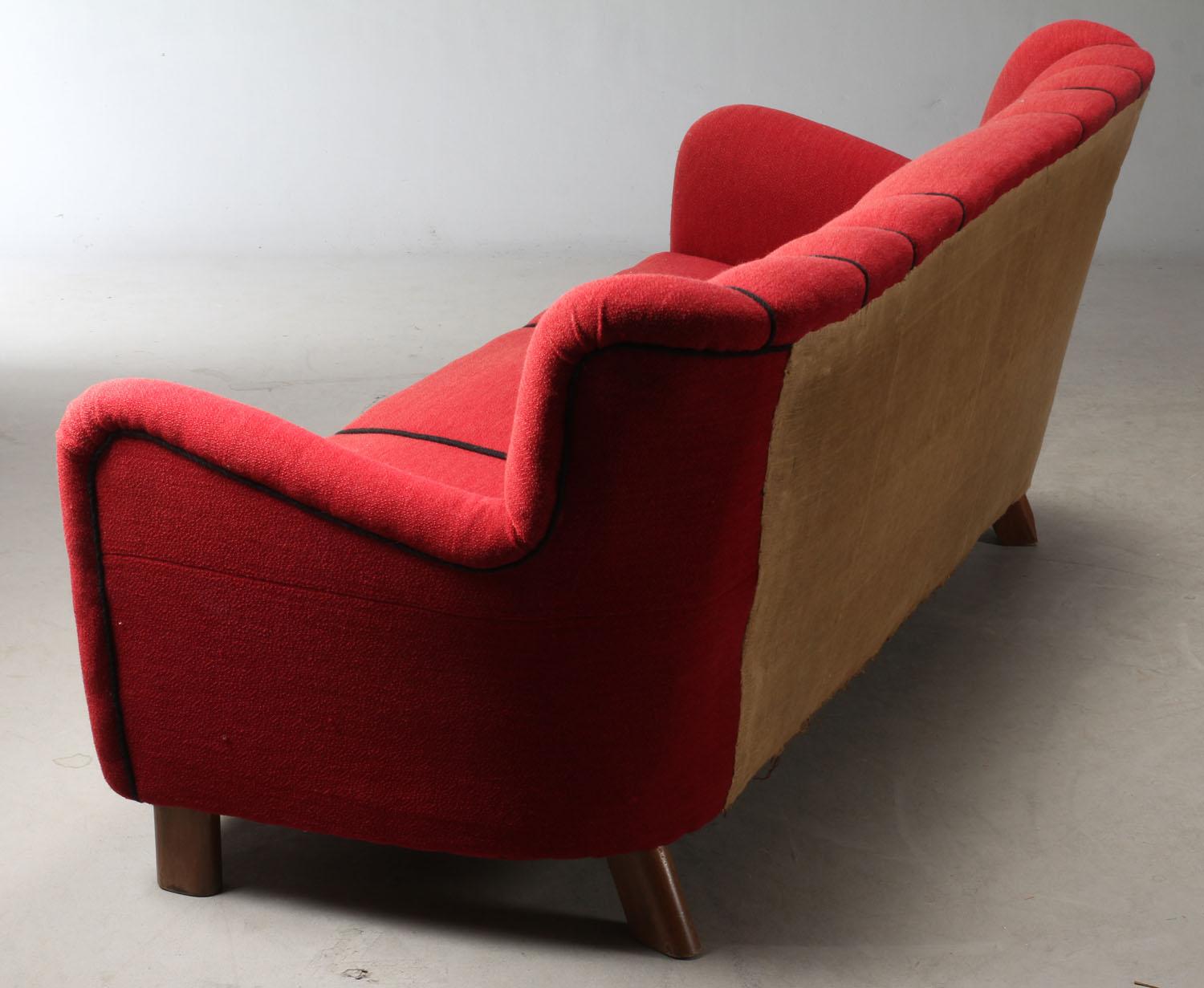 Danish Fritz Hansen Three-Seat Sofa Model 1669a Red 3-Seat Couch 1940s Midcentury