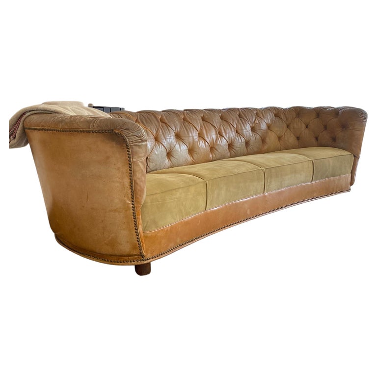 Fritz Hansen Tufted Light Brown Leather and Suede Sofa For Sale