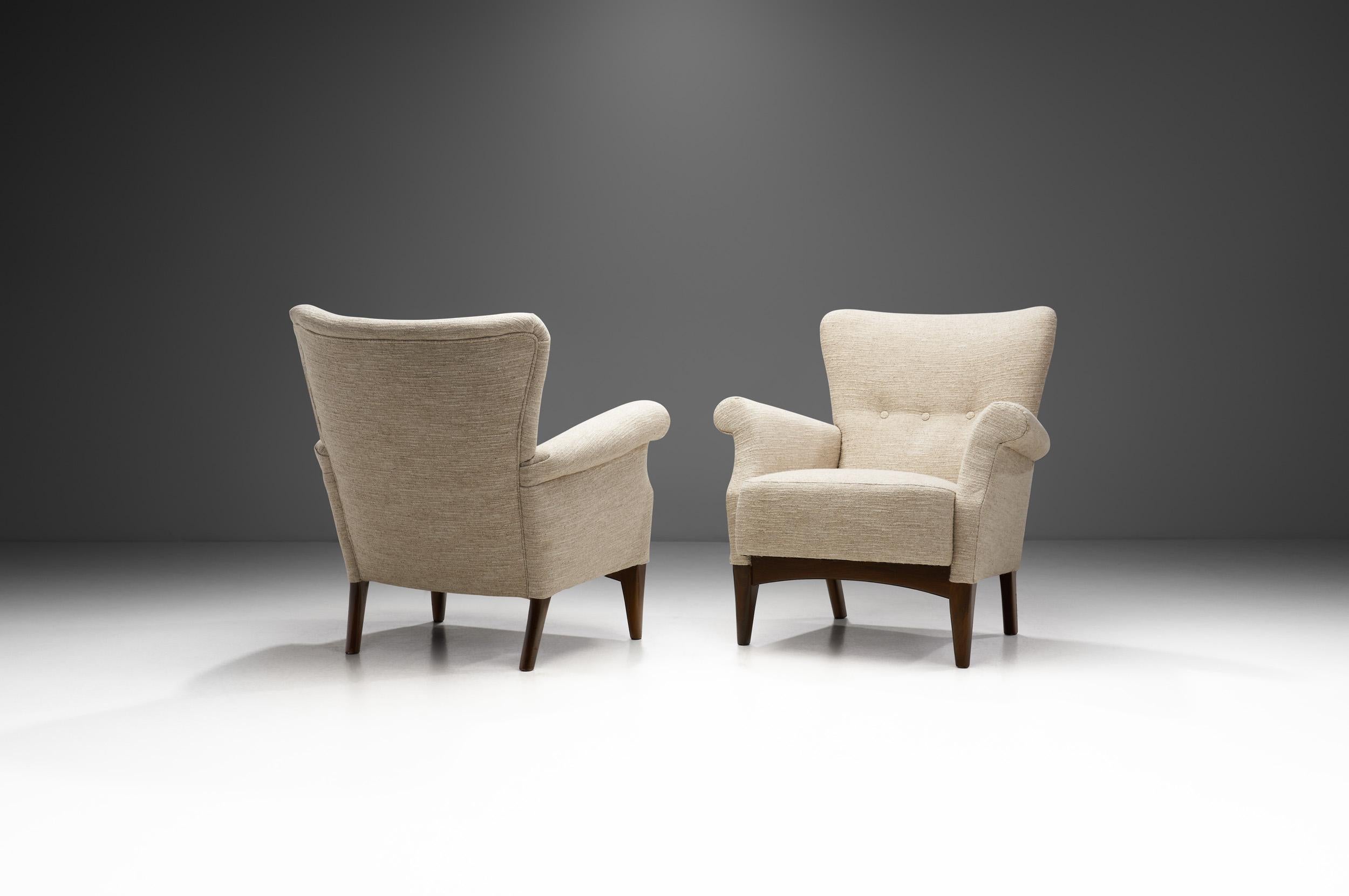 Danish Fritz Hansen Upholstered Armchairs with Rolled Arms, Denmark ca 1940s