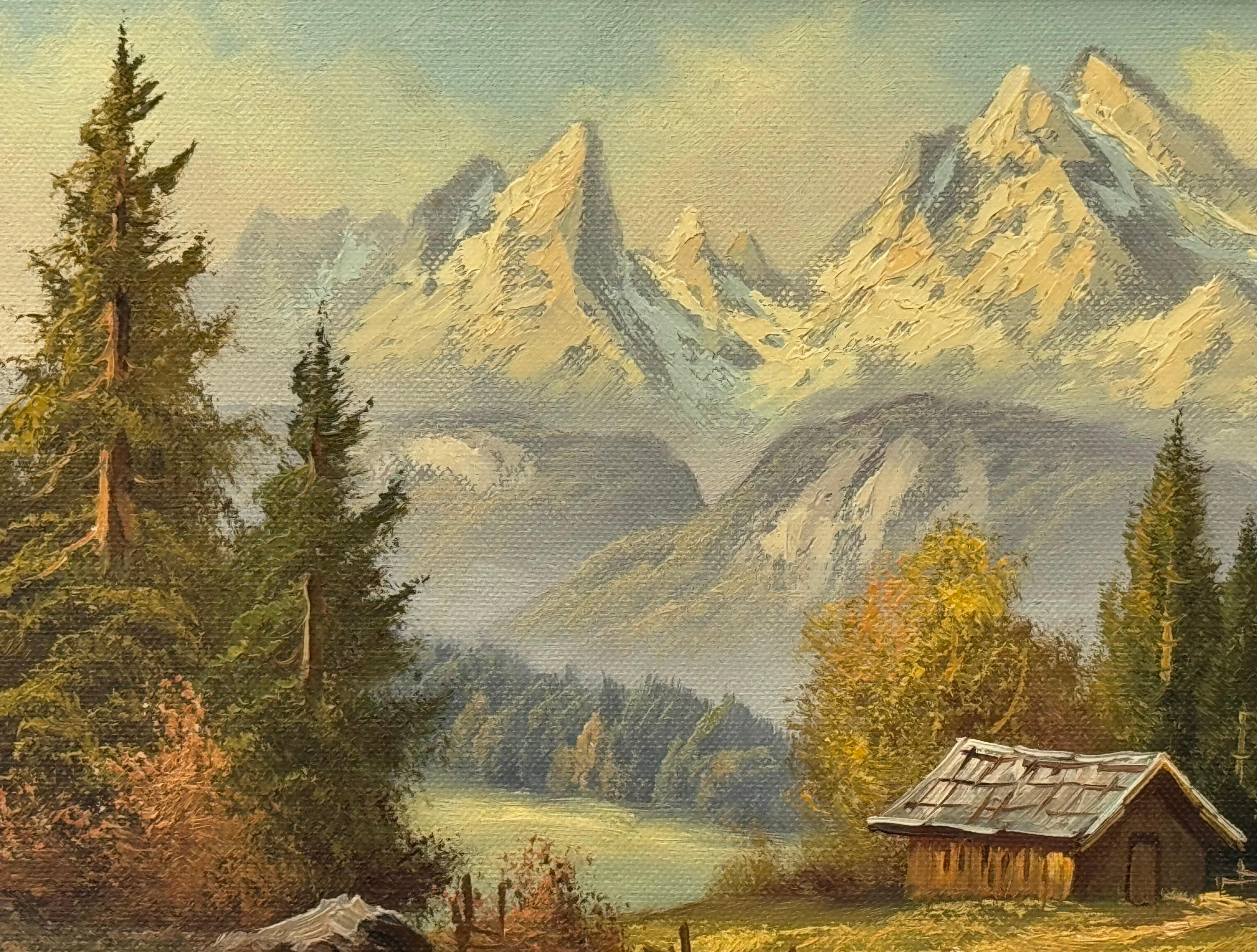 Pittura paesaggistica d'epoca con rifugio alpino di un artista tedesco del XX secolo in vendita 5