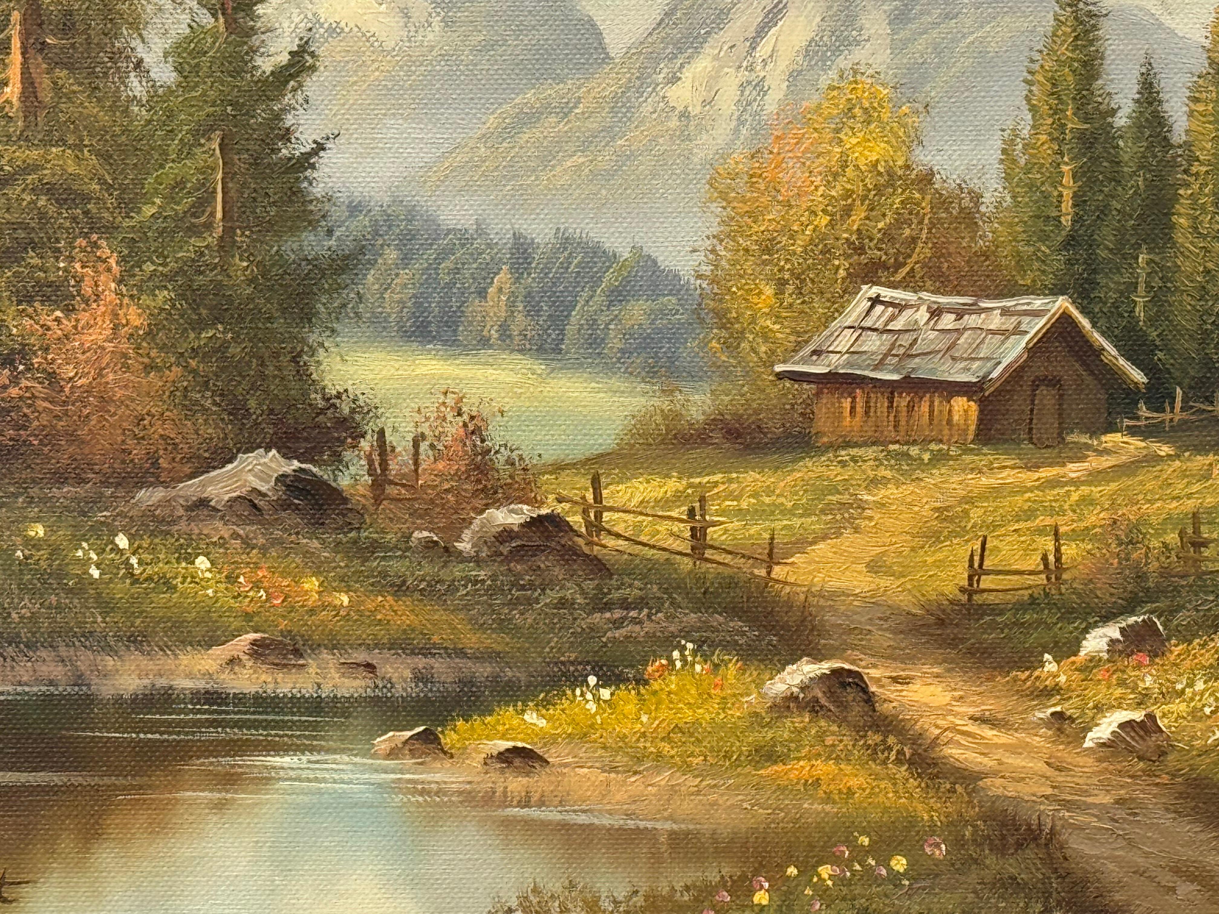 Pittura paesaggistica d'epoca con rifugio alpino di un artista tedesco del XX secolo in vendita 6